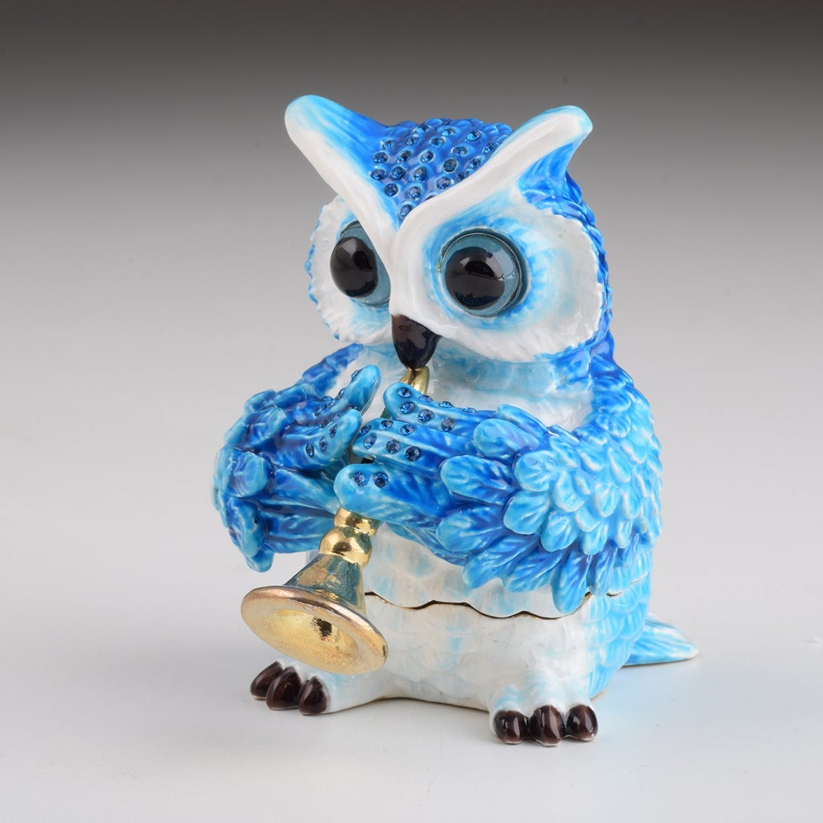 Keren Kopal Blue Owl Playing Trumpet Trinket Box