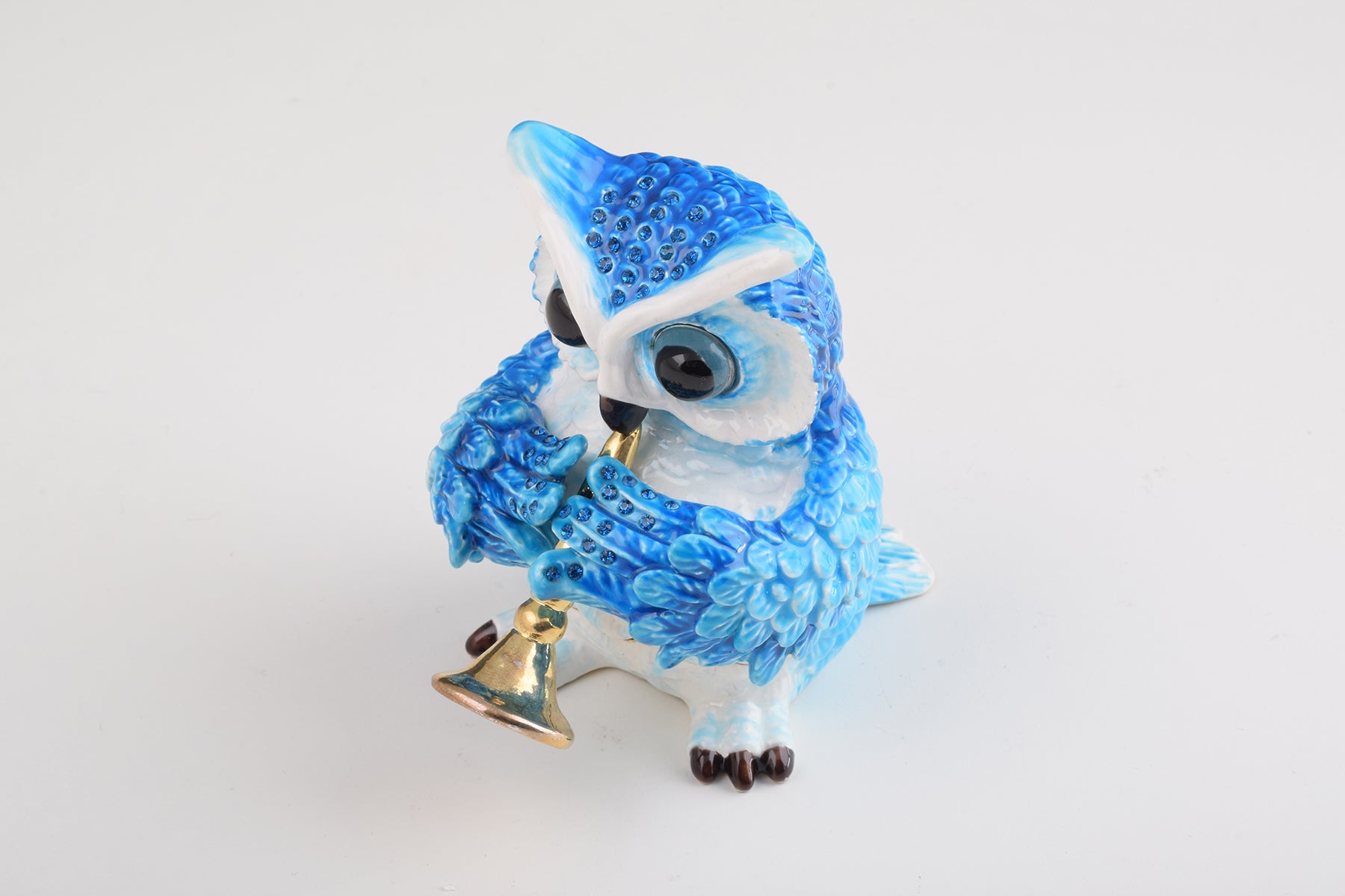 Keren Kopal Blue Owl Playing Trumpet Trinket Box