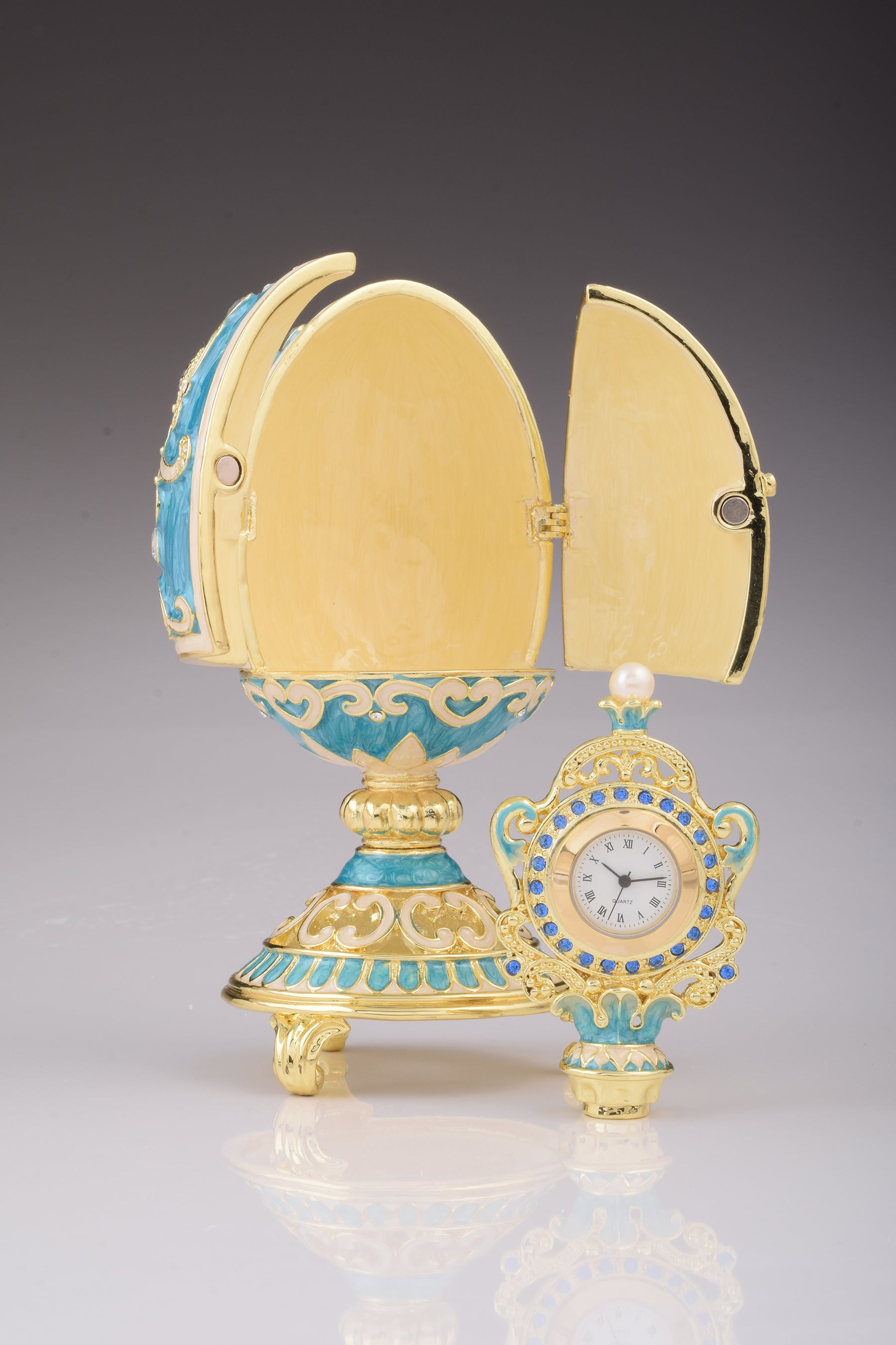Keren Kopal Teal Faberge Egg with Clock Inside