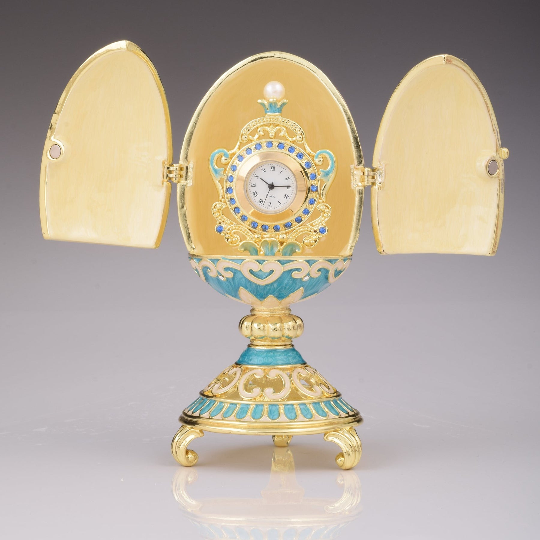 Keren Kopal Teal Faberge Egg with Clock Inside