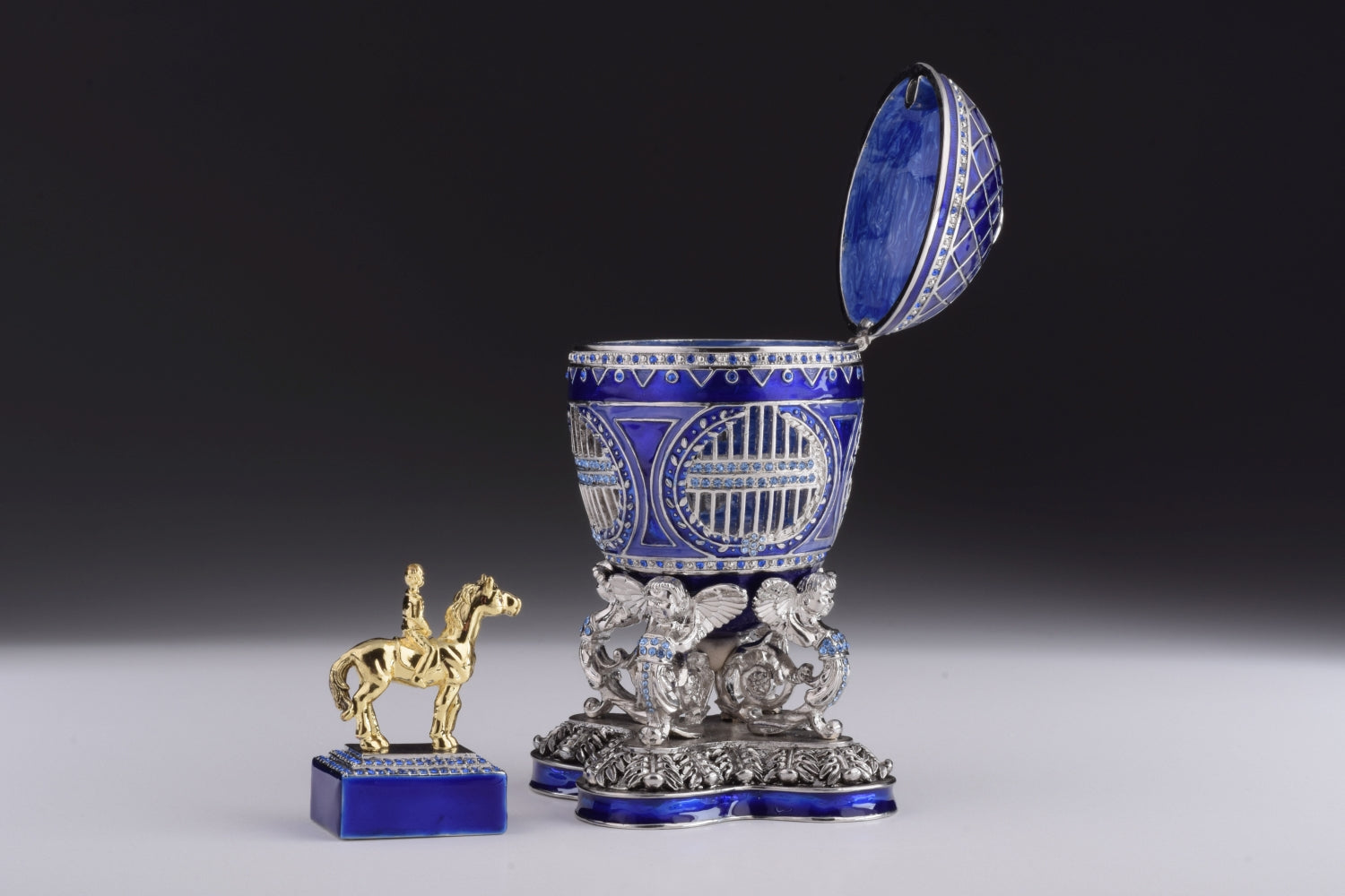 Keren Kopal Blue Russian Egg with Man Riding Horse Surprise Inside