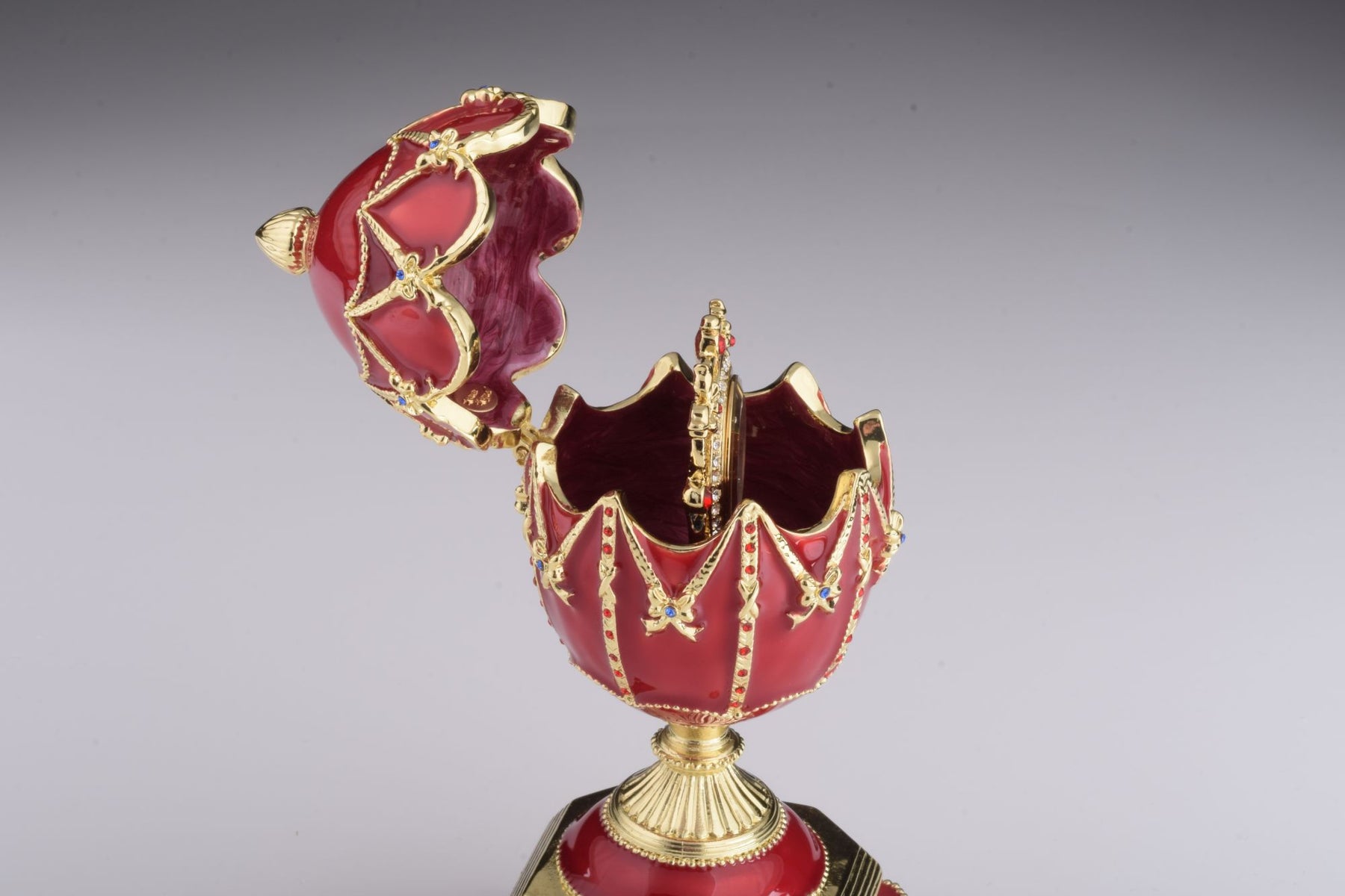 Keren Kopal Red Faberge Egg with Clock Inside