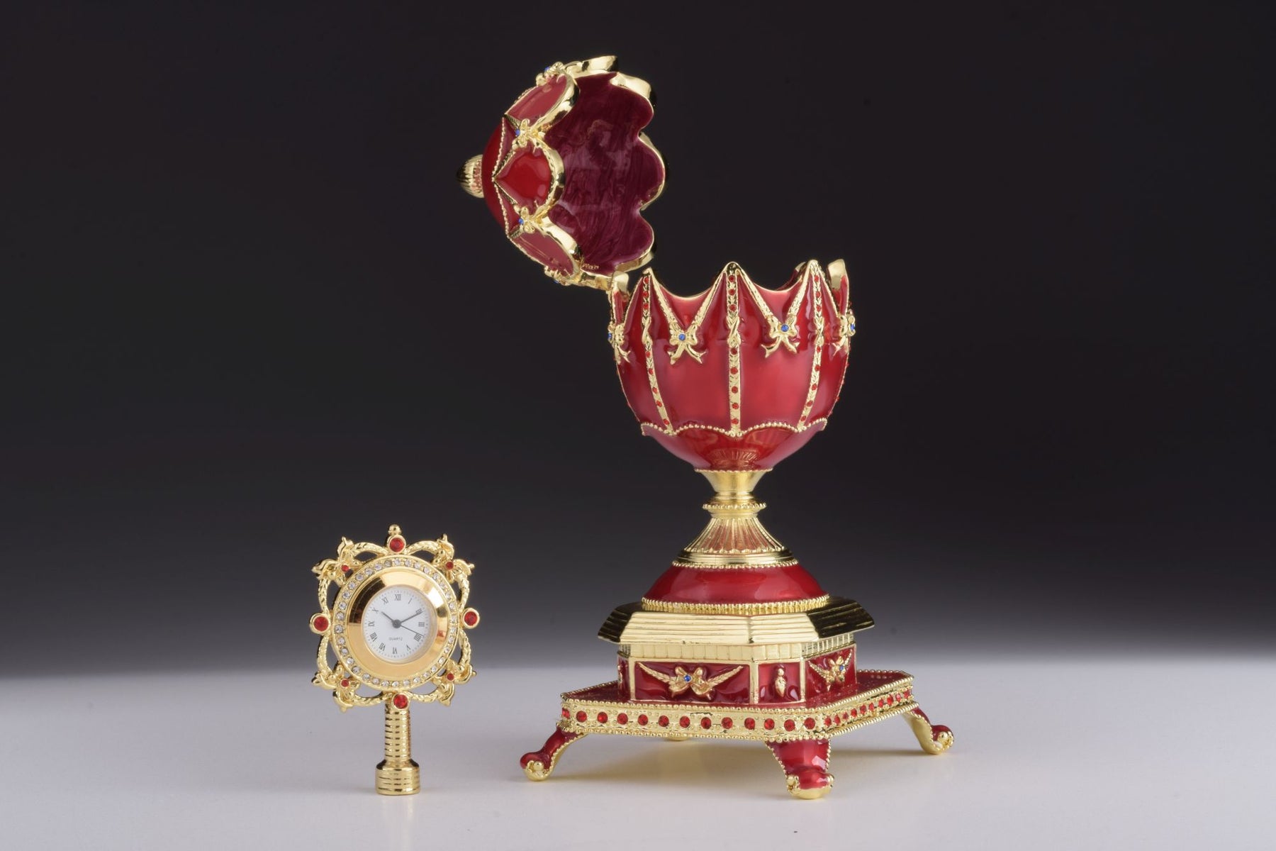 Keren Kopal Red Faberge Egg with Clock Inside