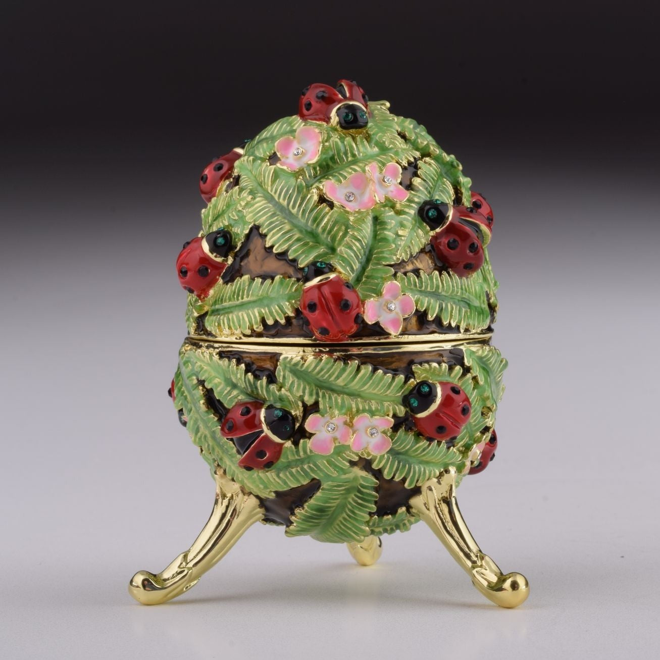Keren Kopal Green Music Playing Faberge Egg with Ladybird Beetles Ladybugs