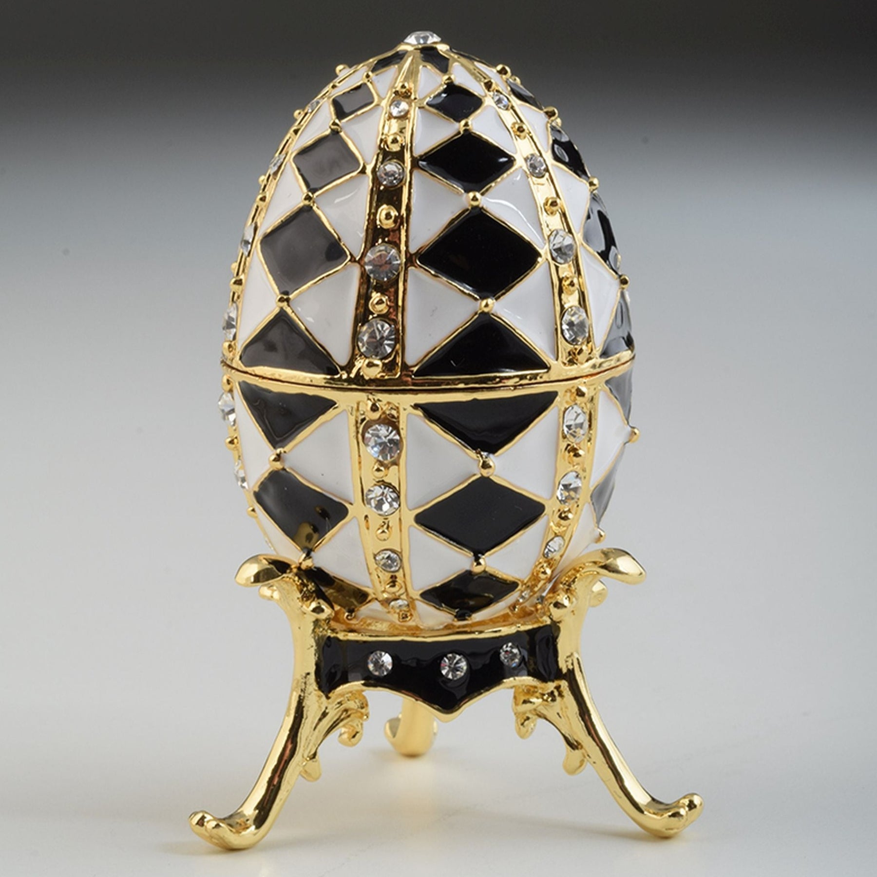 Keren Kopal Black and White Faberge Egg with Gold Necklace Inside