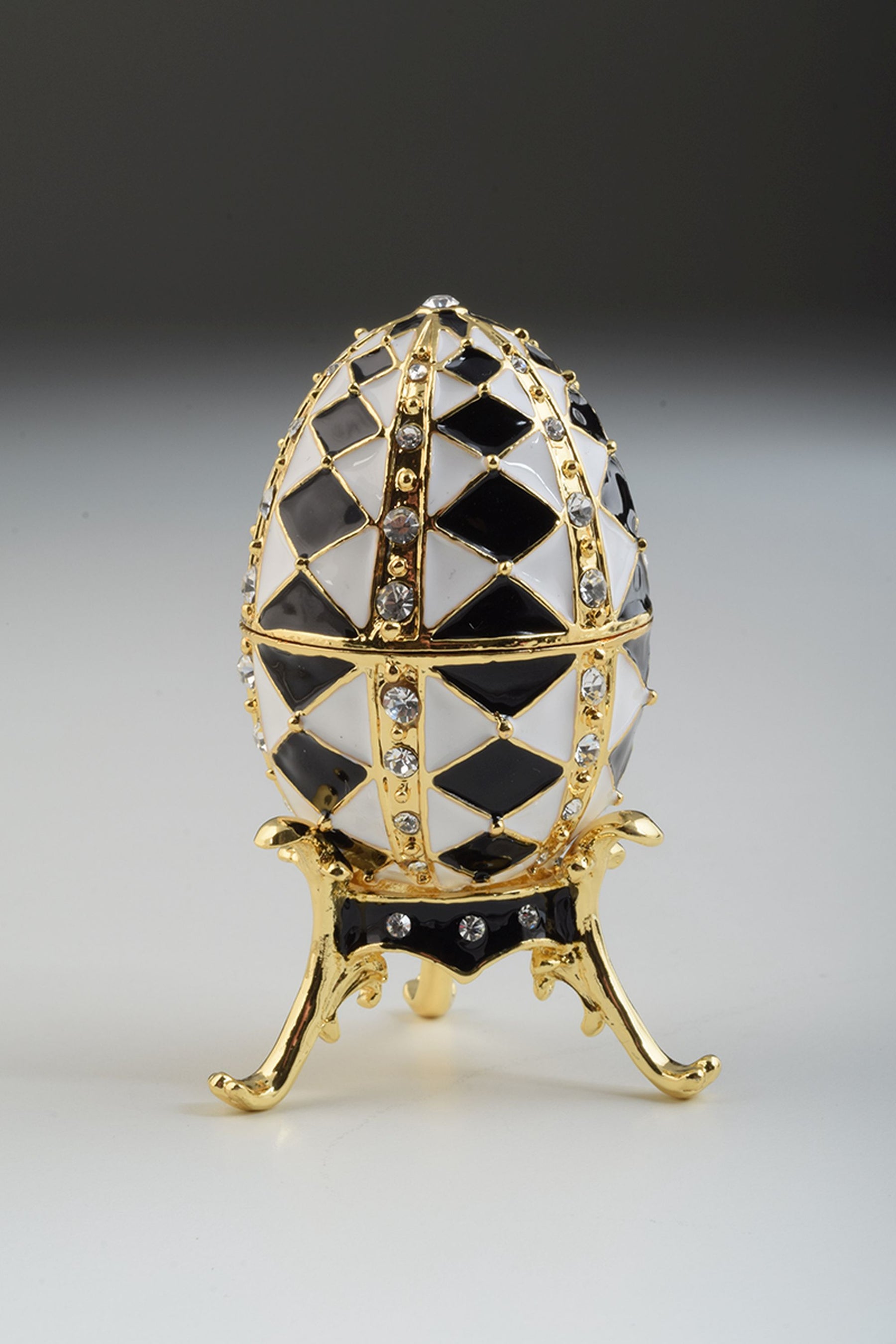 Keren Kopal Black and White Faberge Egg with Gold Necklace Inside