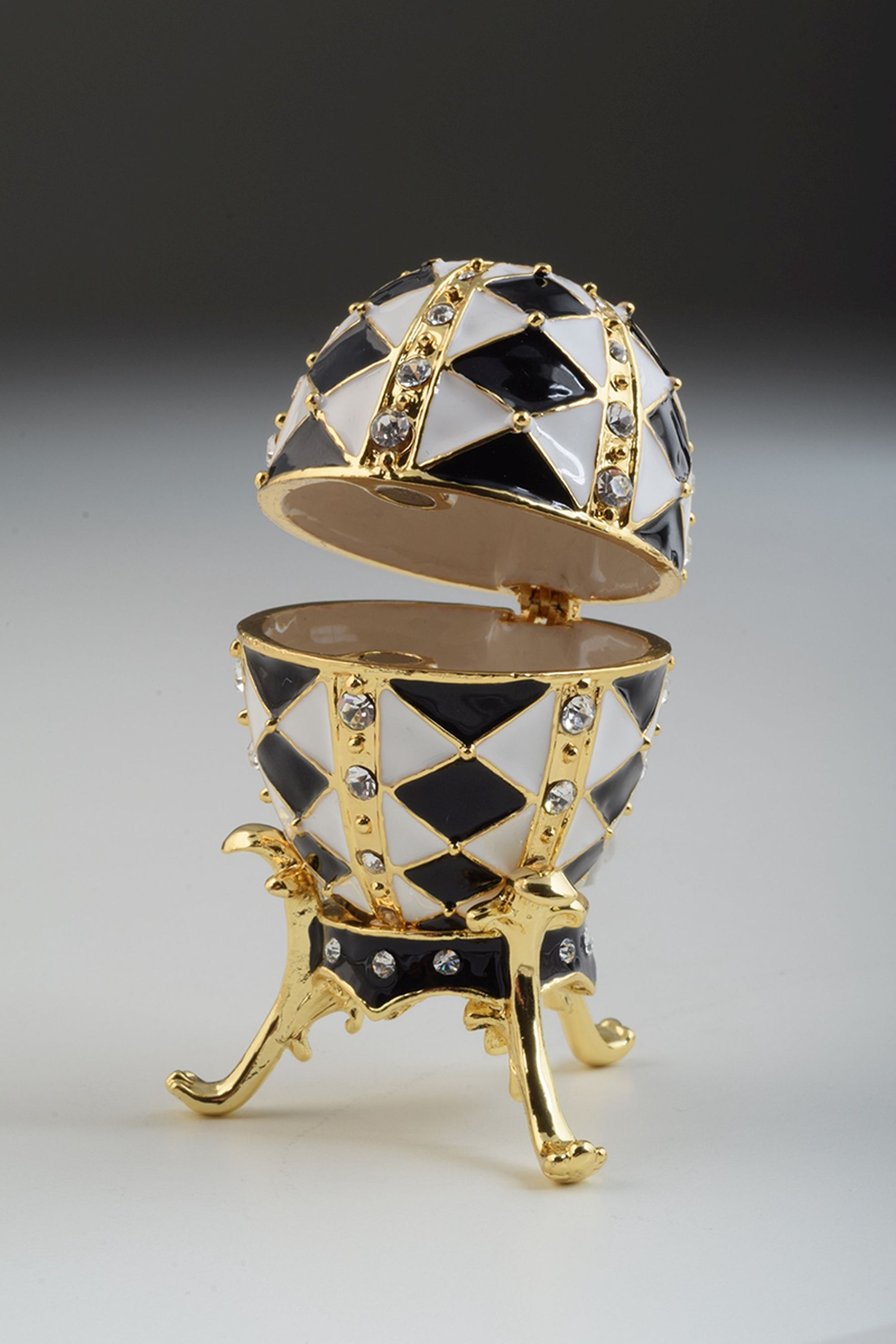 Keren Kopal Black and White Faberge Egg with Gold Necklace Inside
