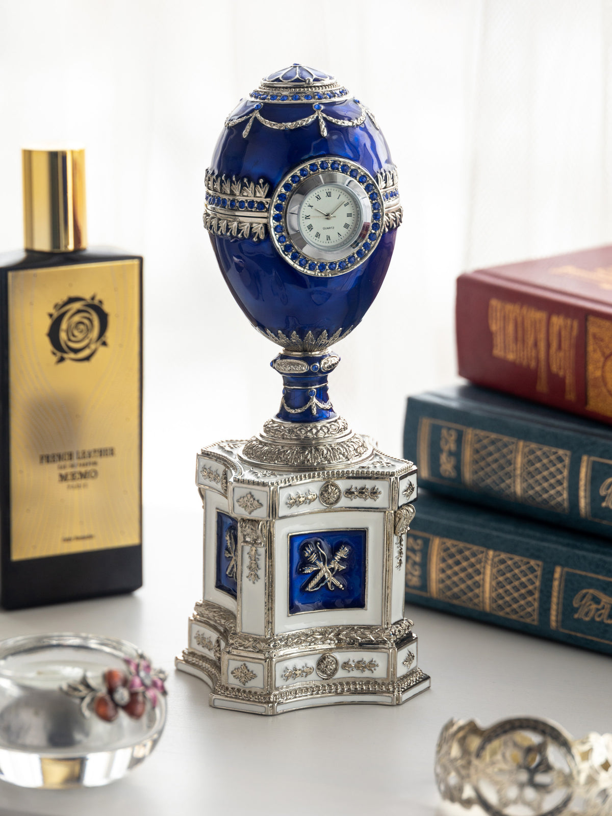 Keren Kopal Blue Faberge Egg with a Pearl and a Clock