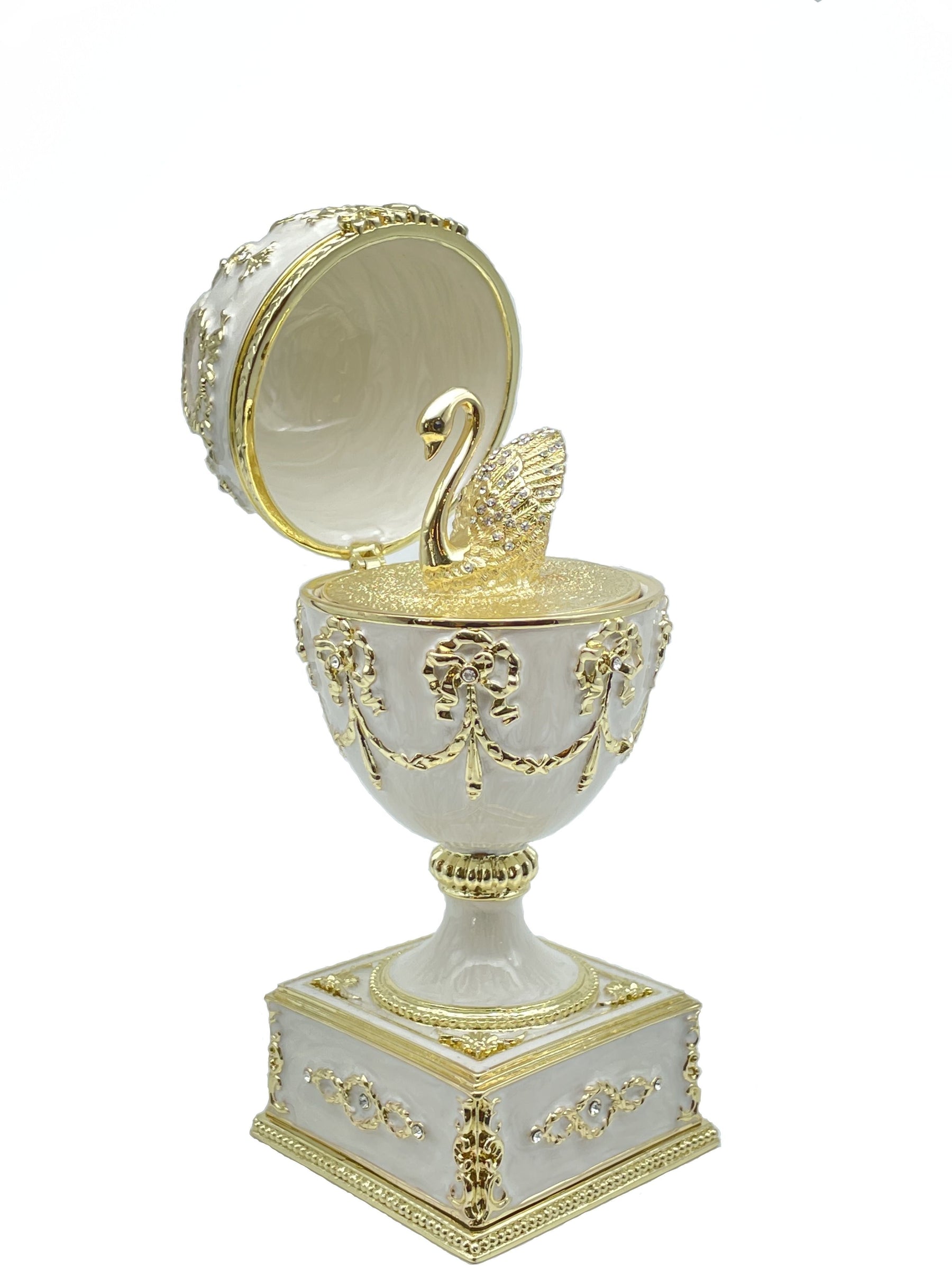Keren Kopal White Faberge Egg with Swan Inside