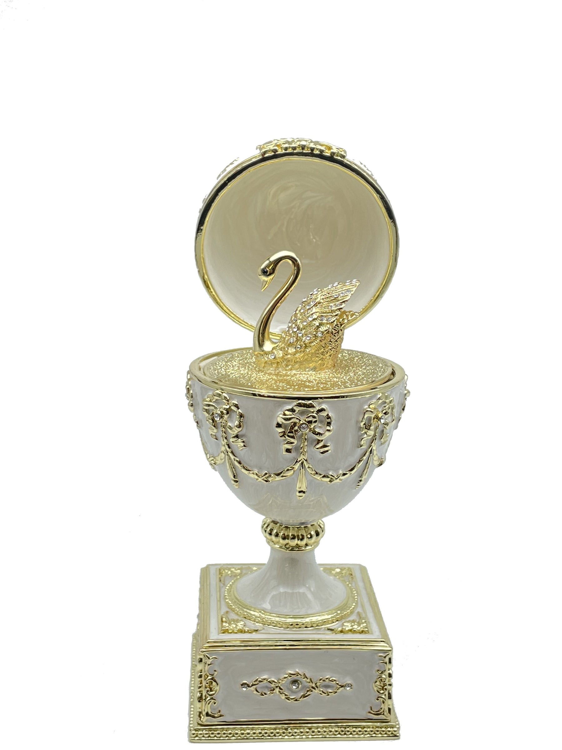 Keren Kopal White Faberge Egg with Swan Inside