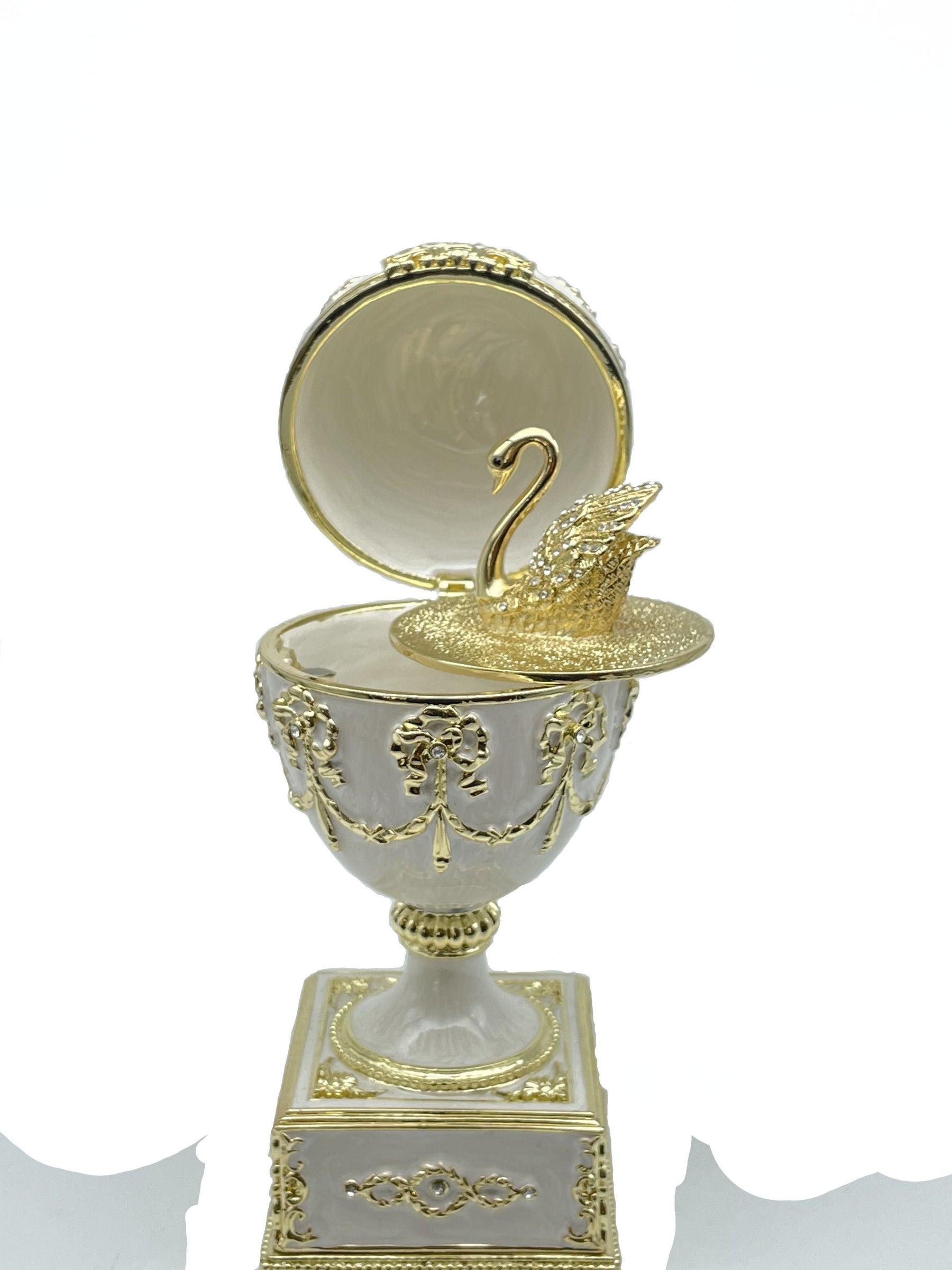 Keren Kopal White Faberge Egg with Swan Inside