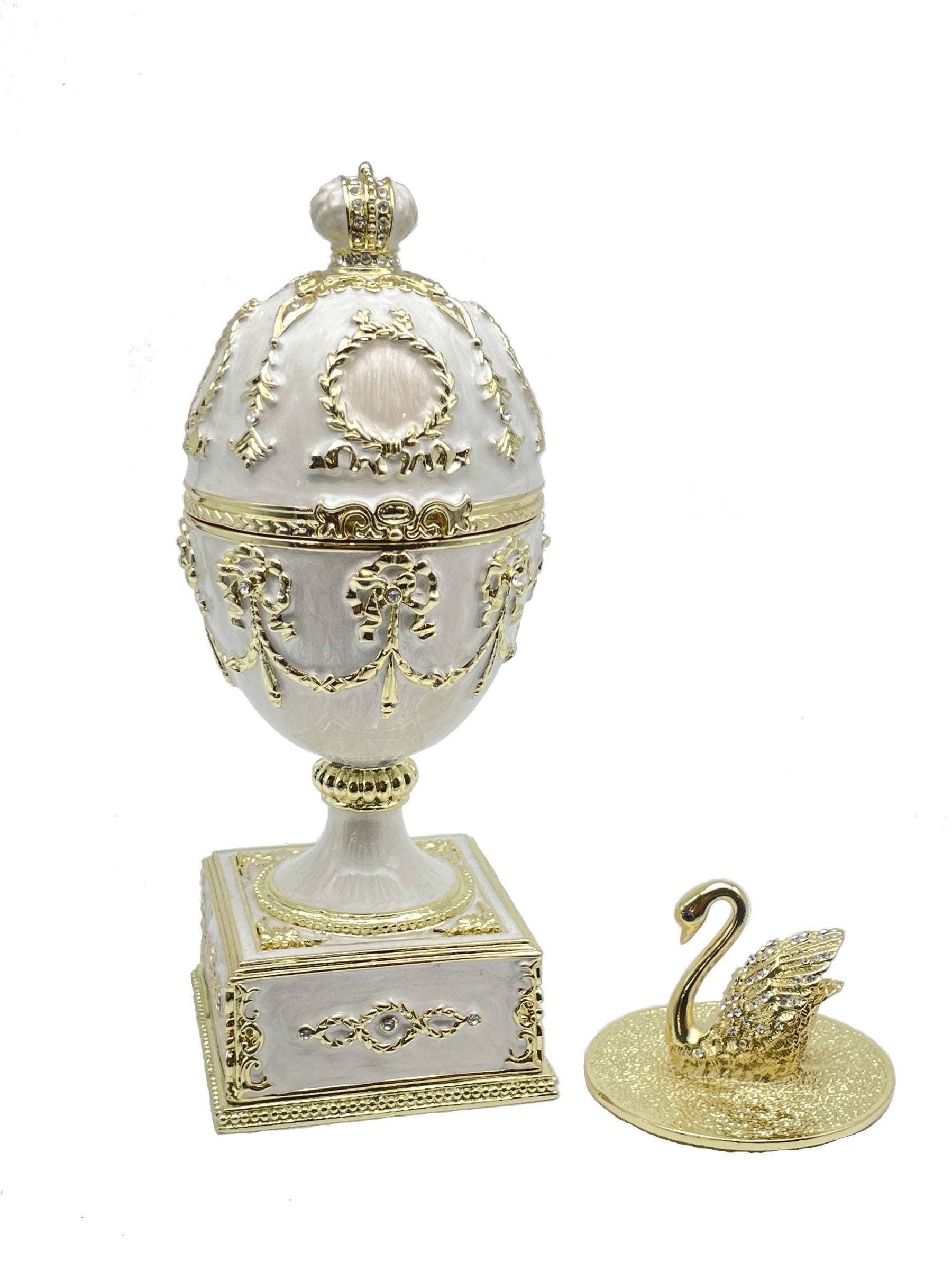 Keren Kopal White Faberge Egg with Swan Inside