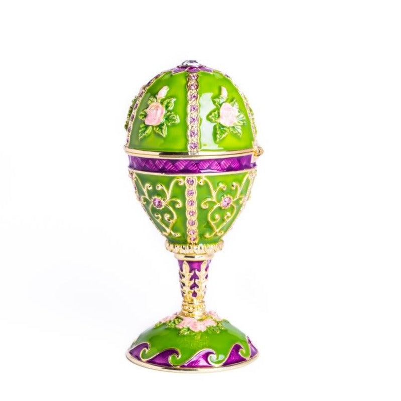 Keren Kopal Green Faberge Egg Music Playing Decorated with Flowers