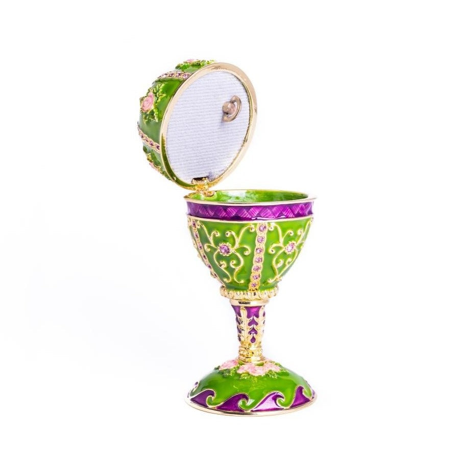 Keren Kopal Green Faberge Egg Music Playing Decorated with Flowers