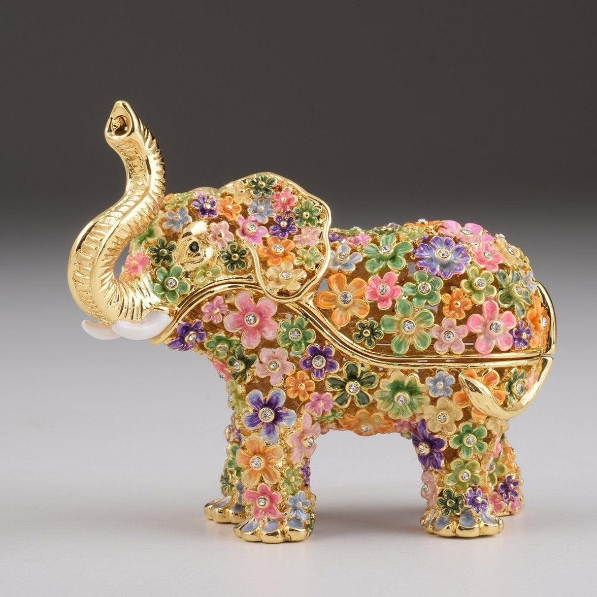 Keren Kopal Gold Elephant with Colorful Flowers Trinket Box