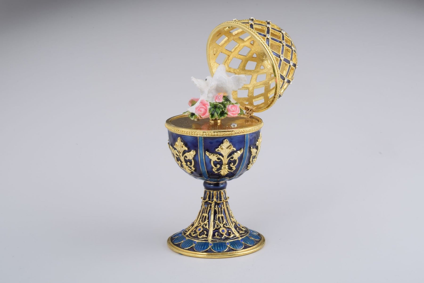 Keren Kopal Golden Blue Faberge Egg with White Doves