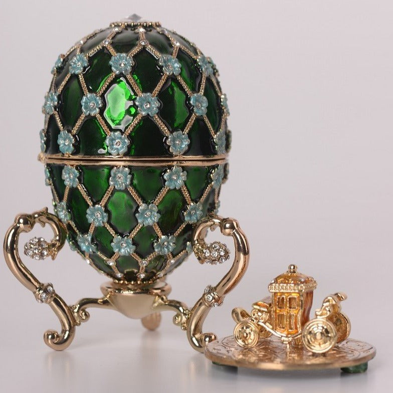 Keren Kopal Green Faberge Egg with Blue Flowers & Gold Carriage Inside