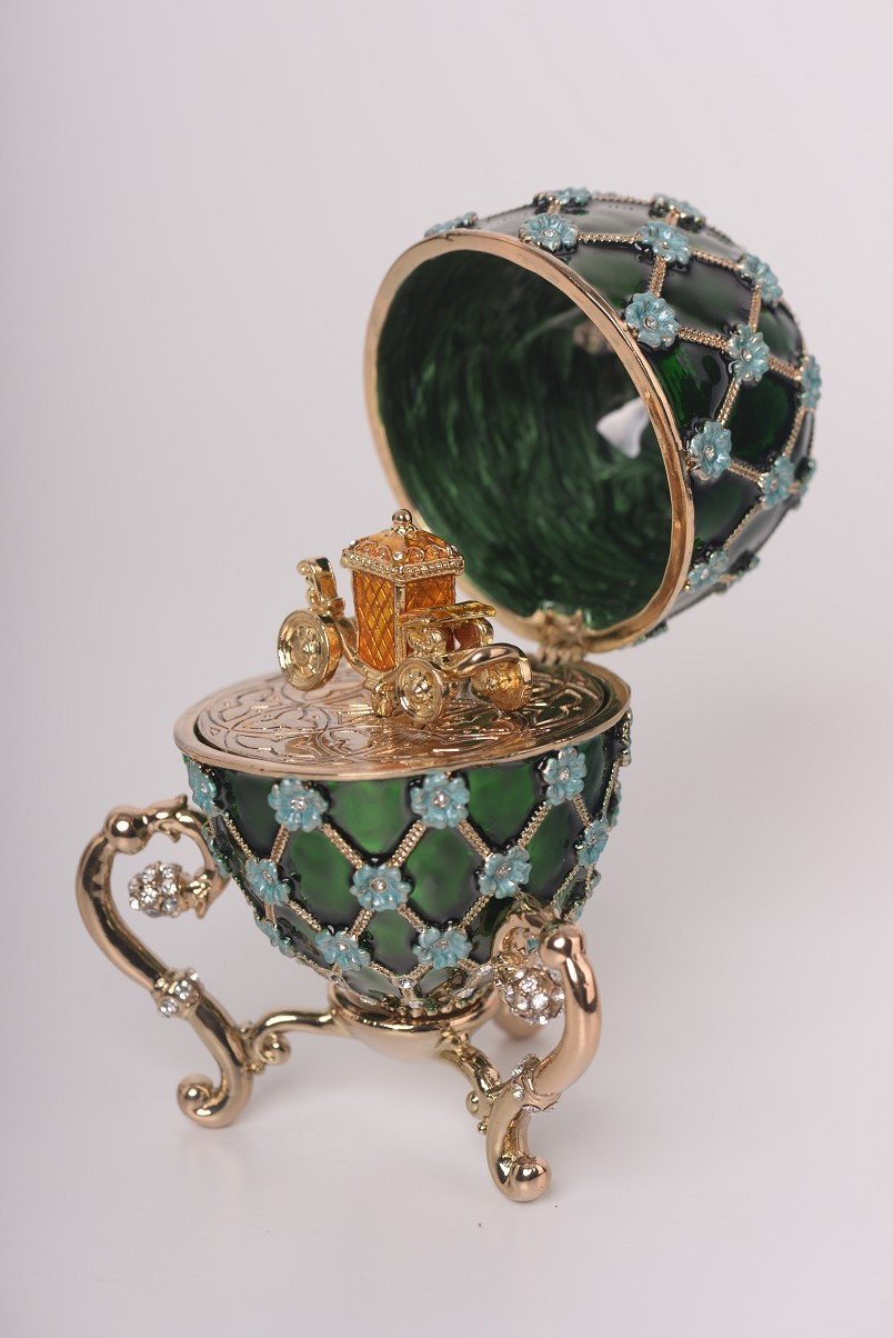 Keren Kopal Green Faberge Egg with Blue Flowers & Gold Carriage Inside