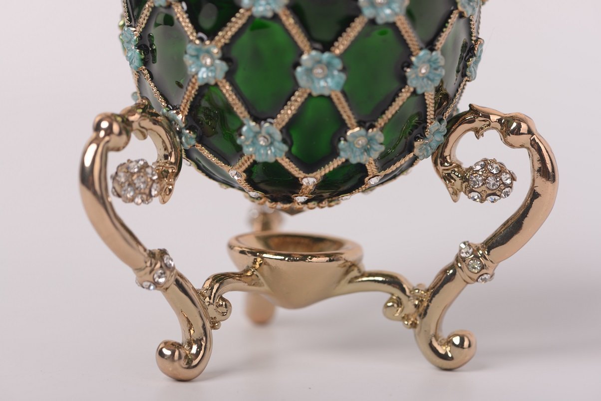 Keren Kopal Green Faberge Egg with Blue Flowers & Gold Carriage Inside