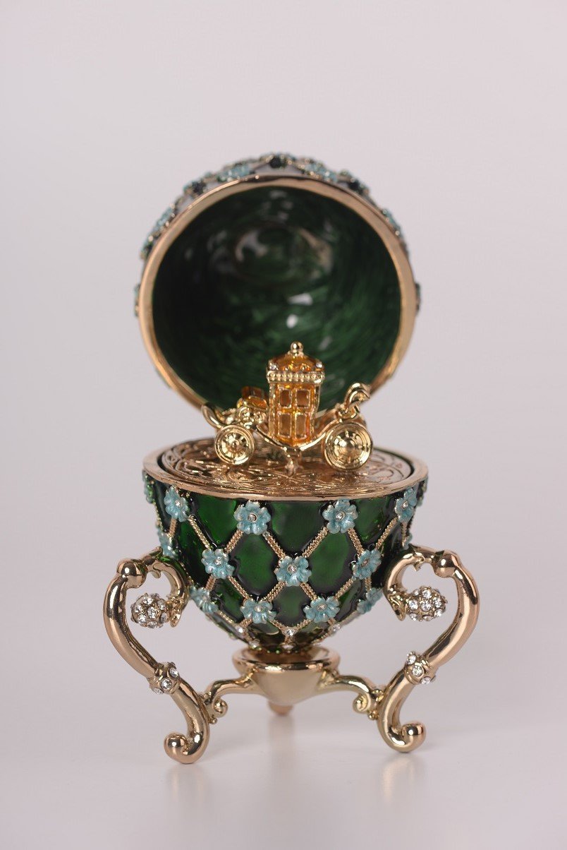Keren Kopal Green Faberge Egg with Blue Flowers & Gold Carriage Inside