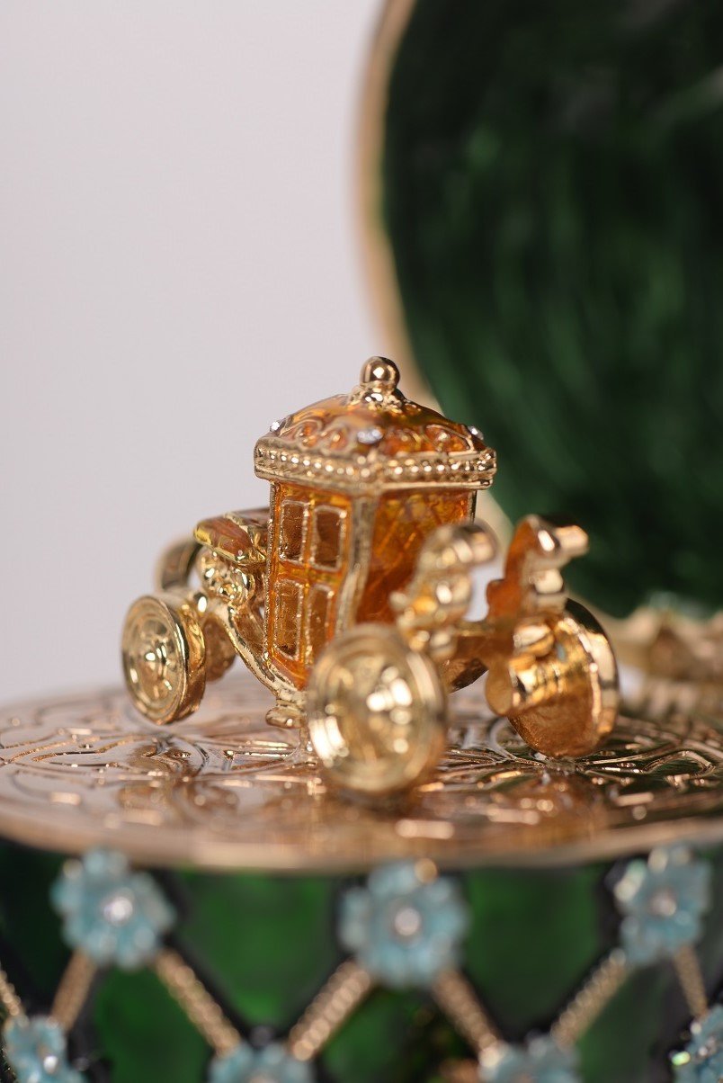 Keren Kopal Green Faberge Egg with Blue Flowers & Gold Carriage Inside