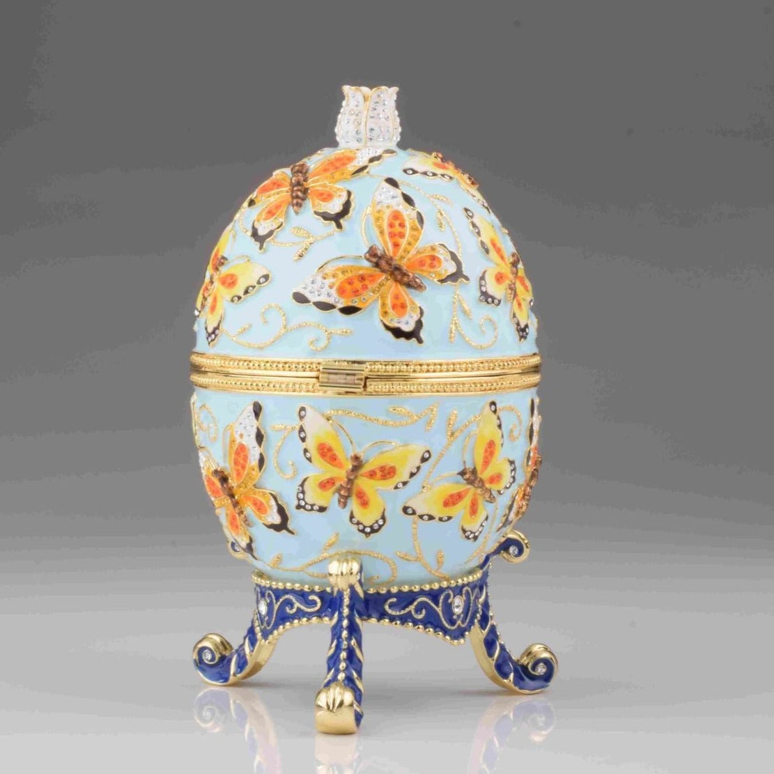 Keren Kopal Blue Faberge Egg with Yellow Flowers