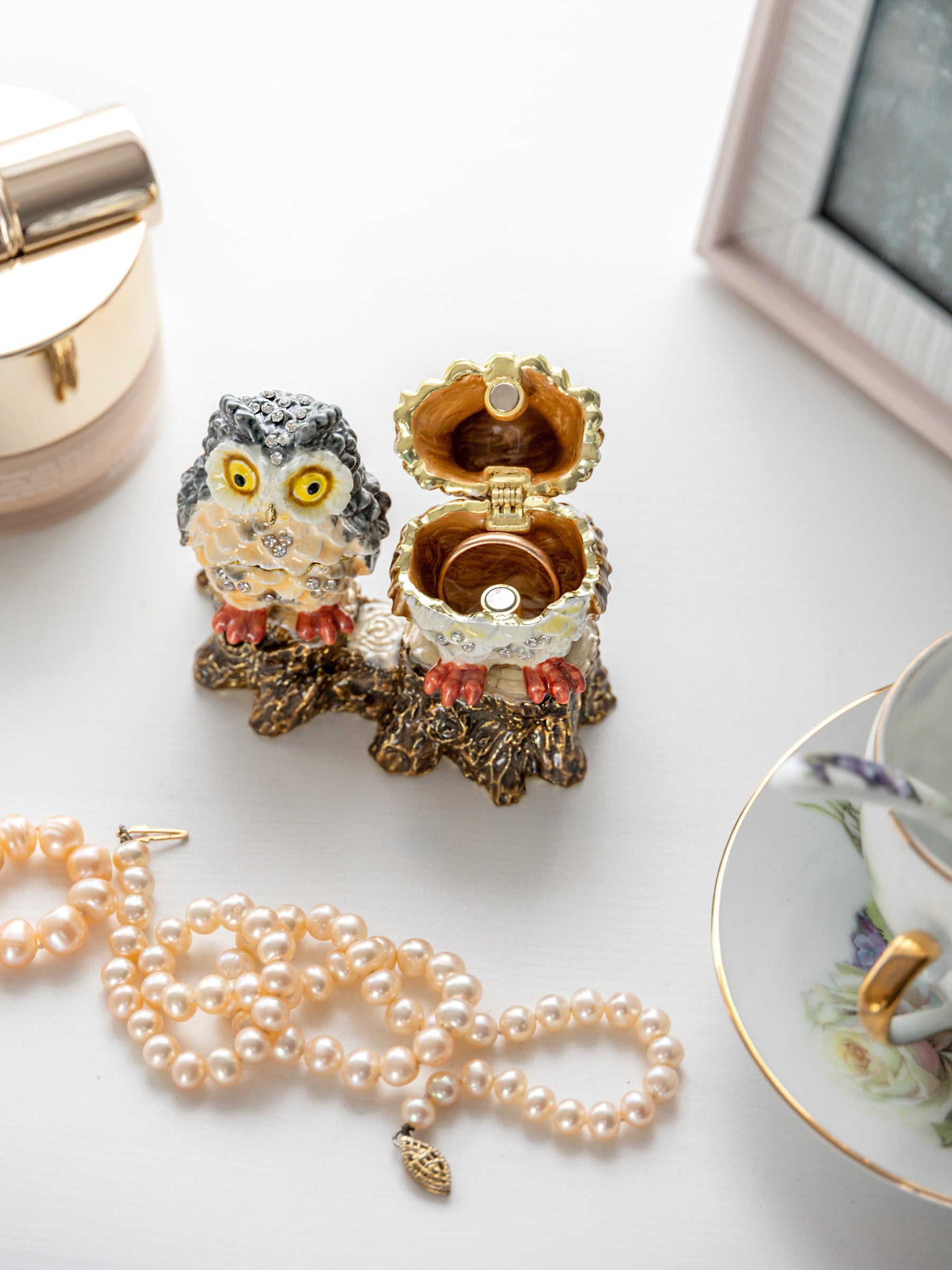 Keren Kopal Two Owls Sitting on Tree Trunk