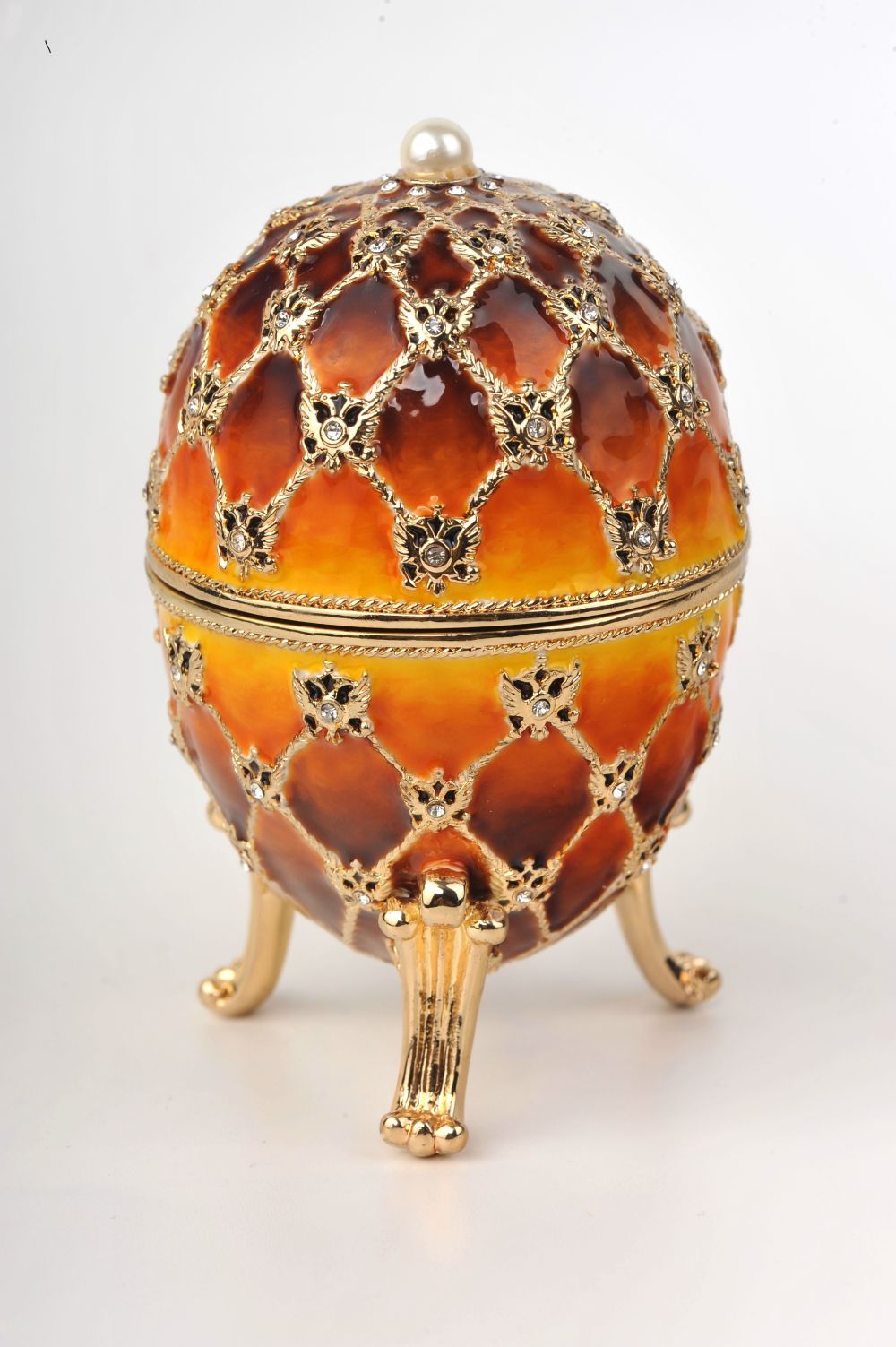 Keren Kopal Orange and Yellow Faberge Egg with a Gold Clock
