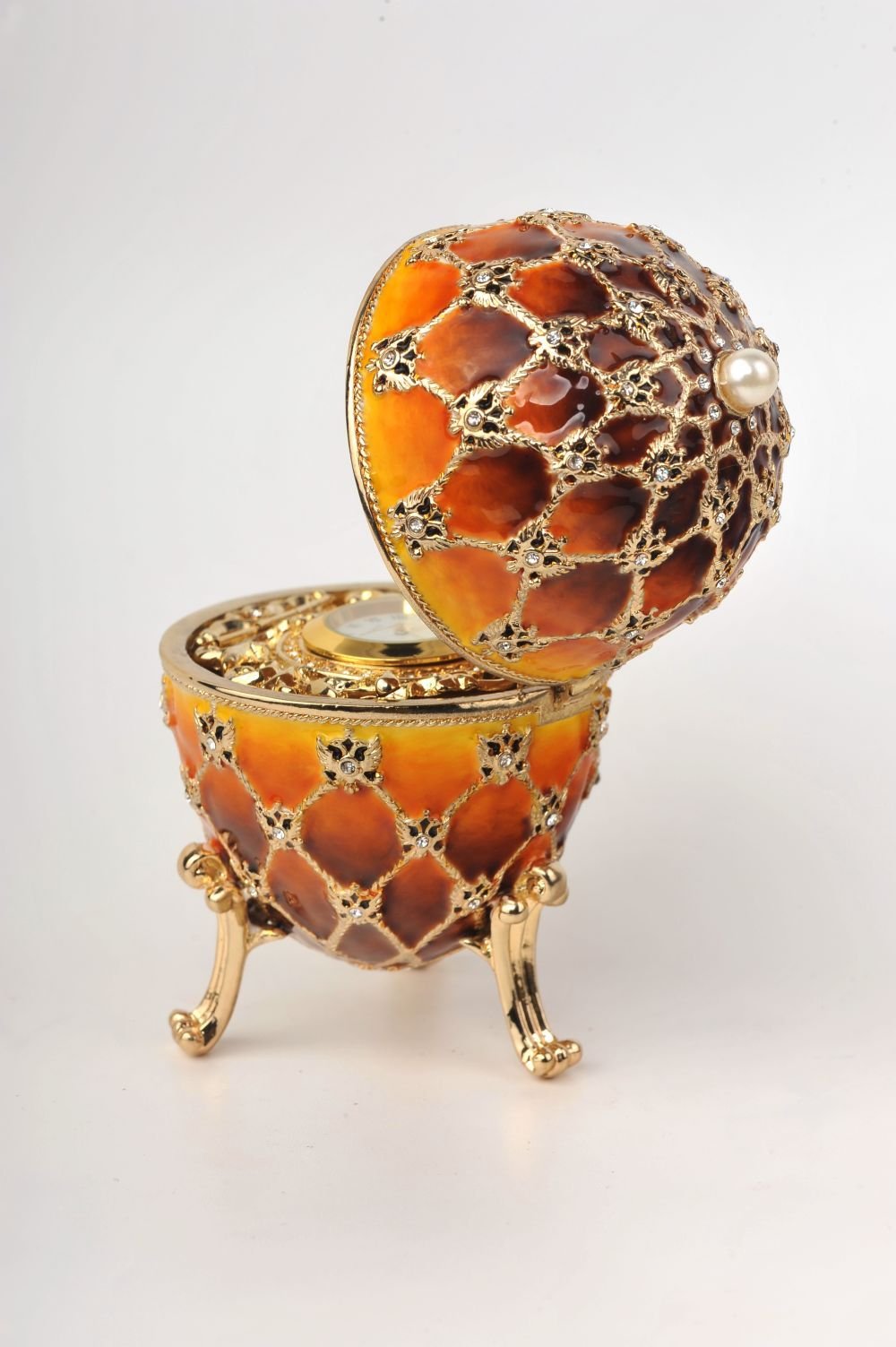 Keren Kopal Orange and Yellow Faberge Egg with a Gold Clock