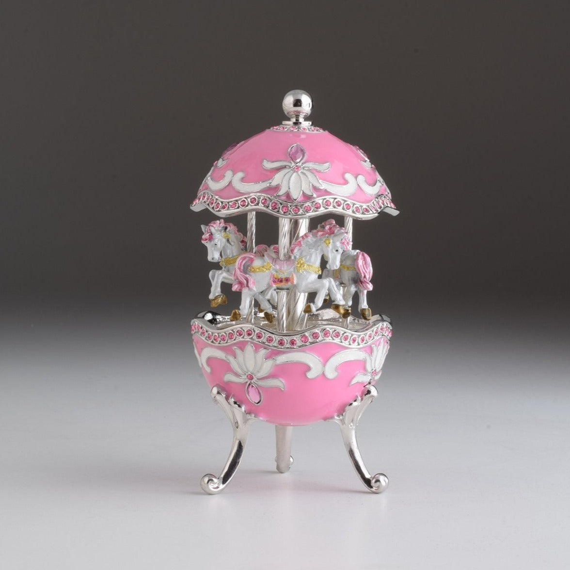 Keren Kopal Pink Musical Carousel Faberge Egg with White Royal Horses
