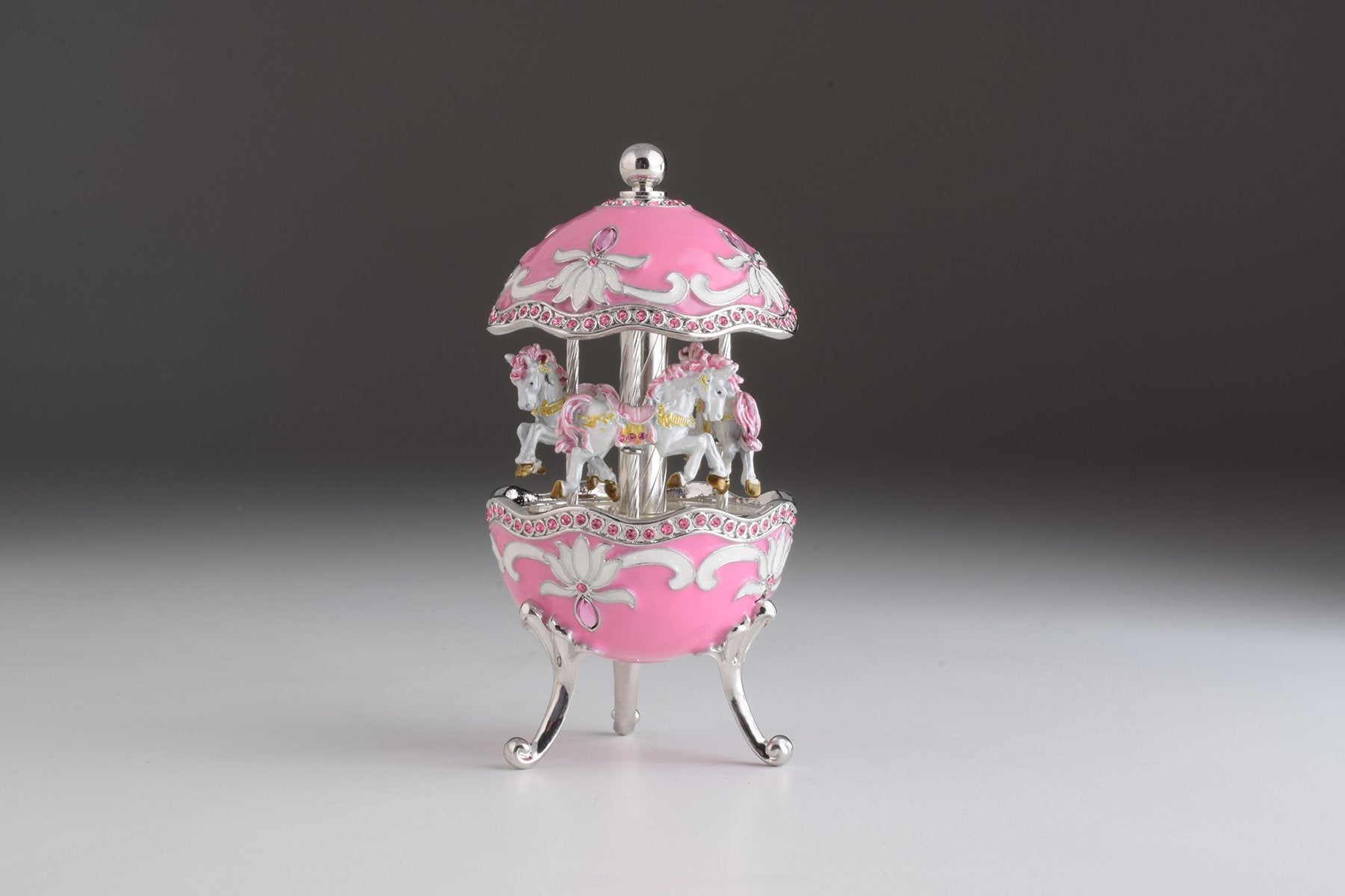 Keren Kopal Pink Musical Carousel Faberge Egg with White Royal Horses
