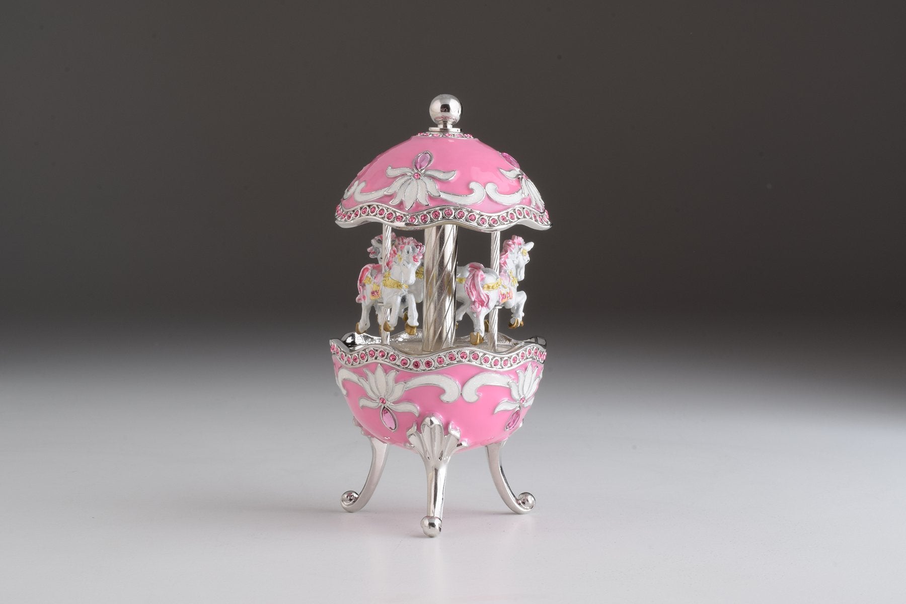 Keren Kopal Pink Musical Carousel Faberge Egg with White Royal Horses