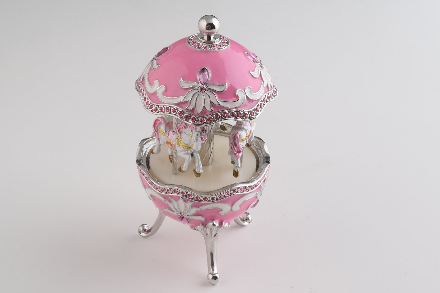 Keren Kopal Pink Musical Carousel Faberge Egg with White Royal Horses