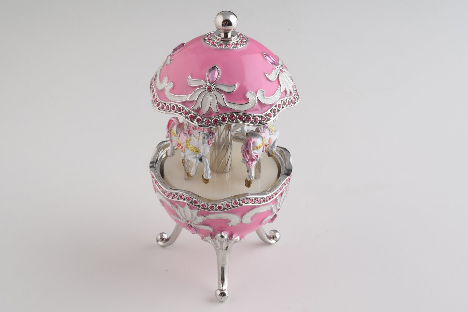 Keren Kopal Pink Musical Carousel Faberge Egg with White Royal Horses