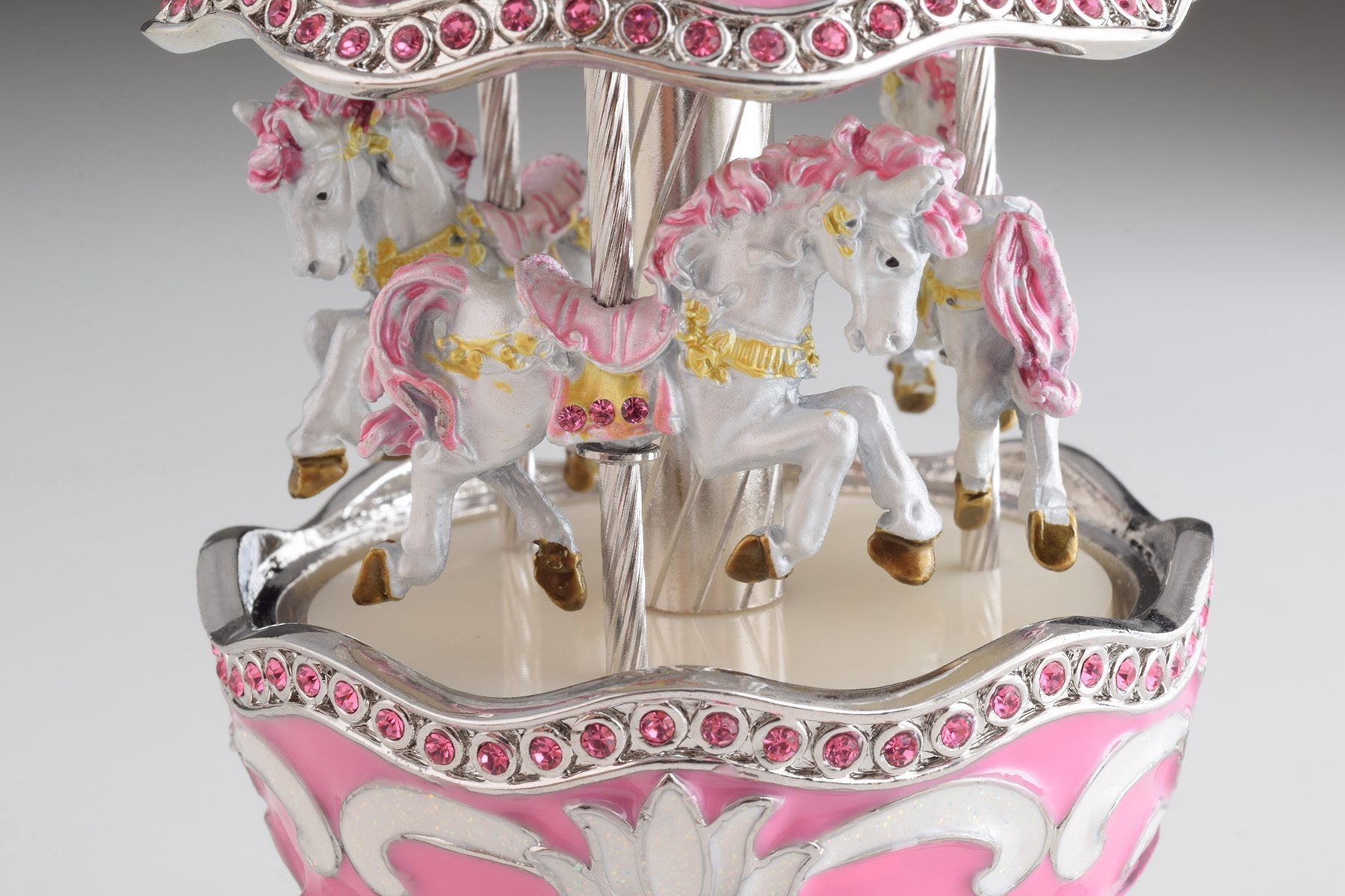 Keren Kopal Pink Musical Carousel Faberge Egg with White Royal Horses