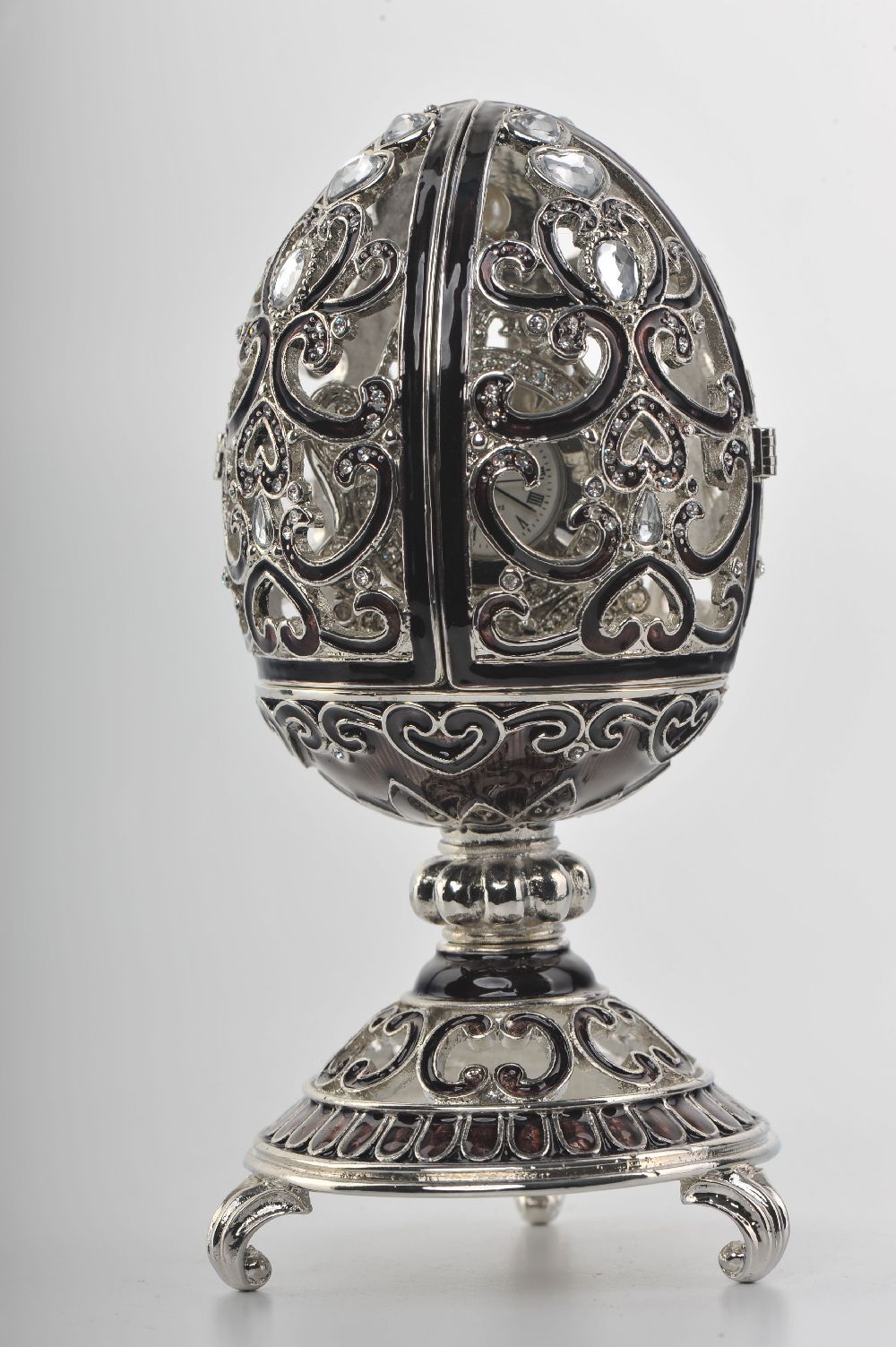 Keren Kopal Silver & Black Faberge Style Egg with a Clock Inside