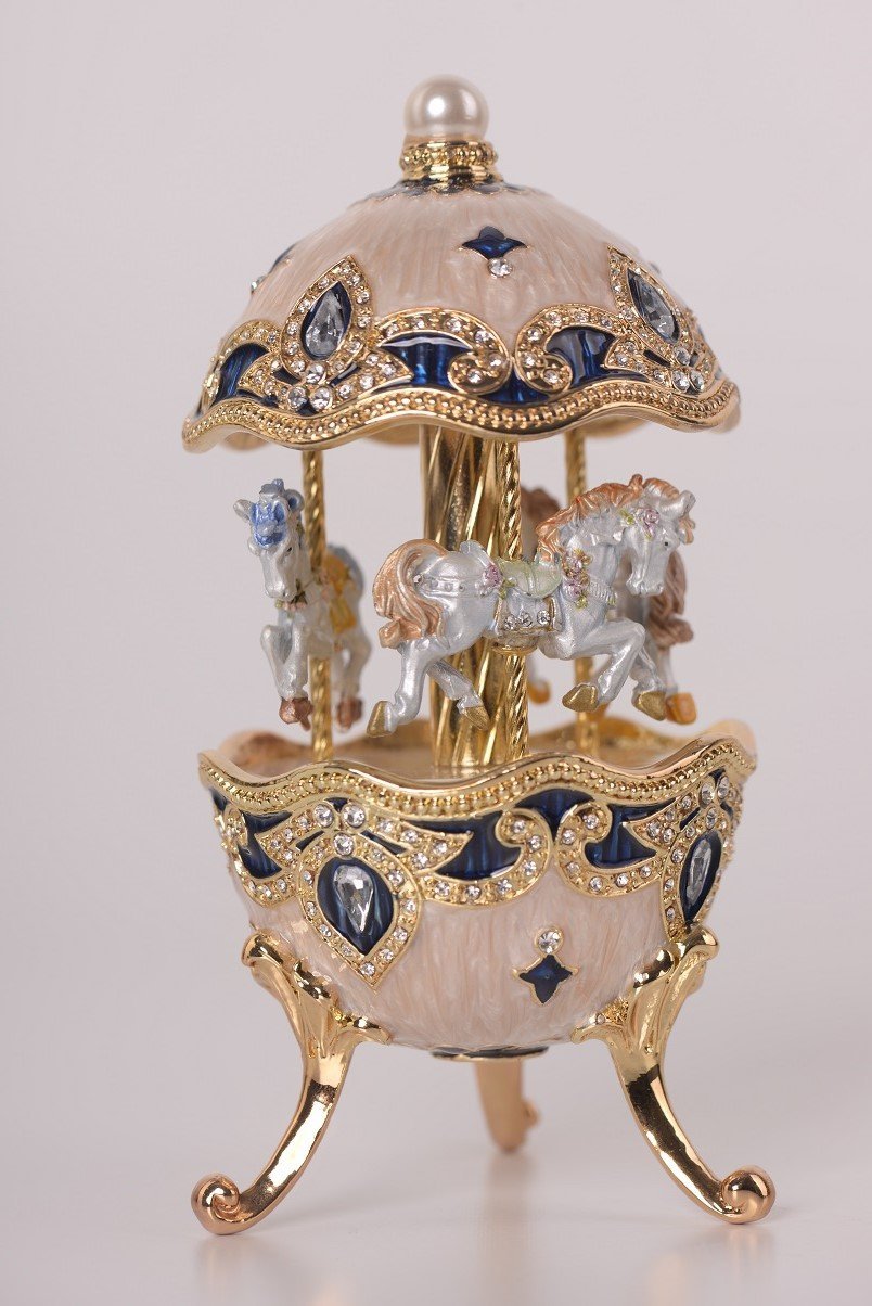 Keren Kopal White Faberge Egg with Horse Carousel