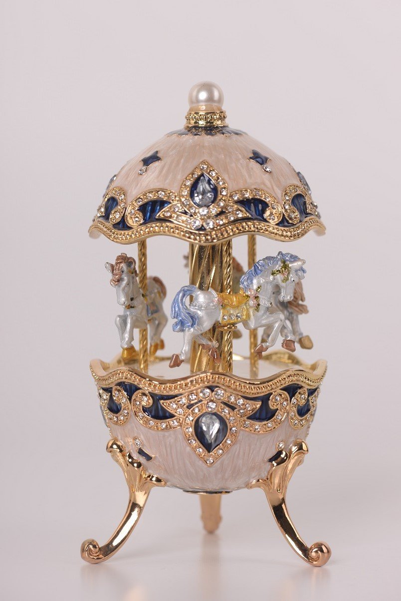 Keren Kopal White Faberge Egg with Horse Carousel