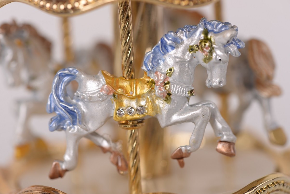 Keren Kopal White Faberge Egg with Horse Carousel