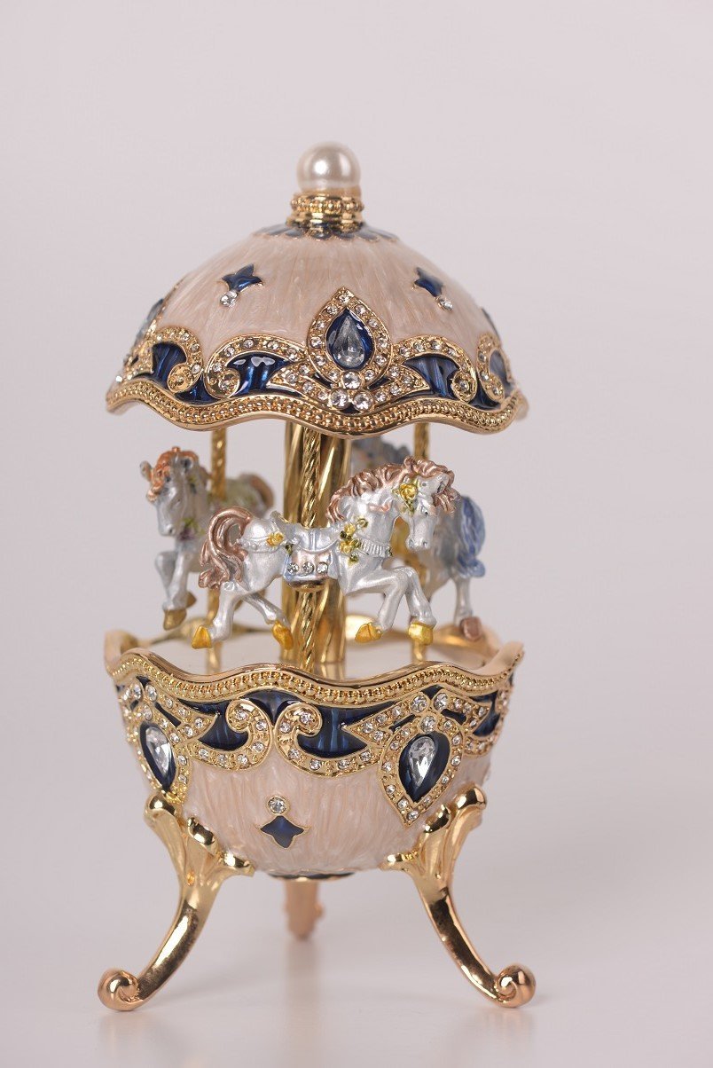 Keren Kopal White Faberge Egg with Horse Carousel