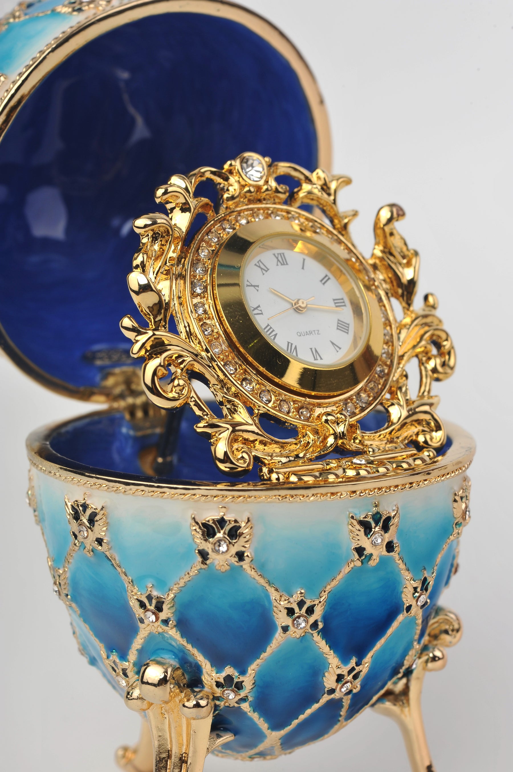 Keren Kopal Blue Faberge Egg with Gold Clock