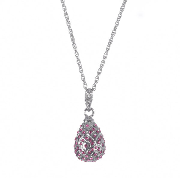 Silver Egg with Pink Crystals Pendant Necklace