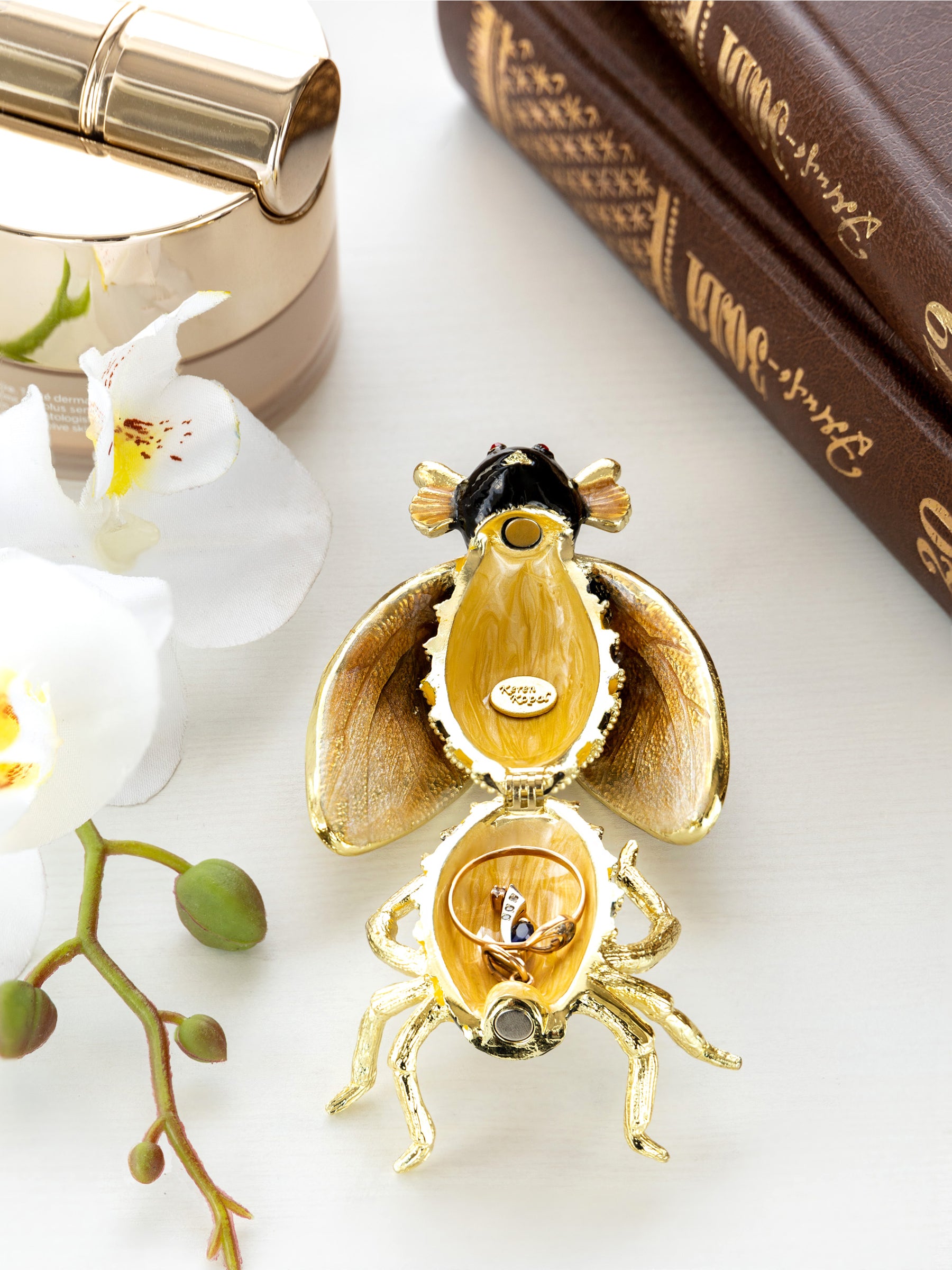 Keren Kopal Gold & Black Enamel Honey Bee Queen Trinket Box