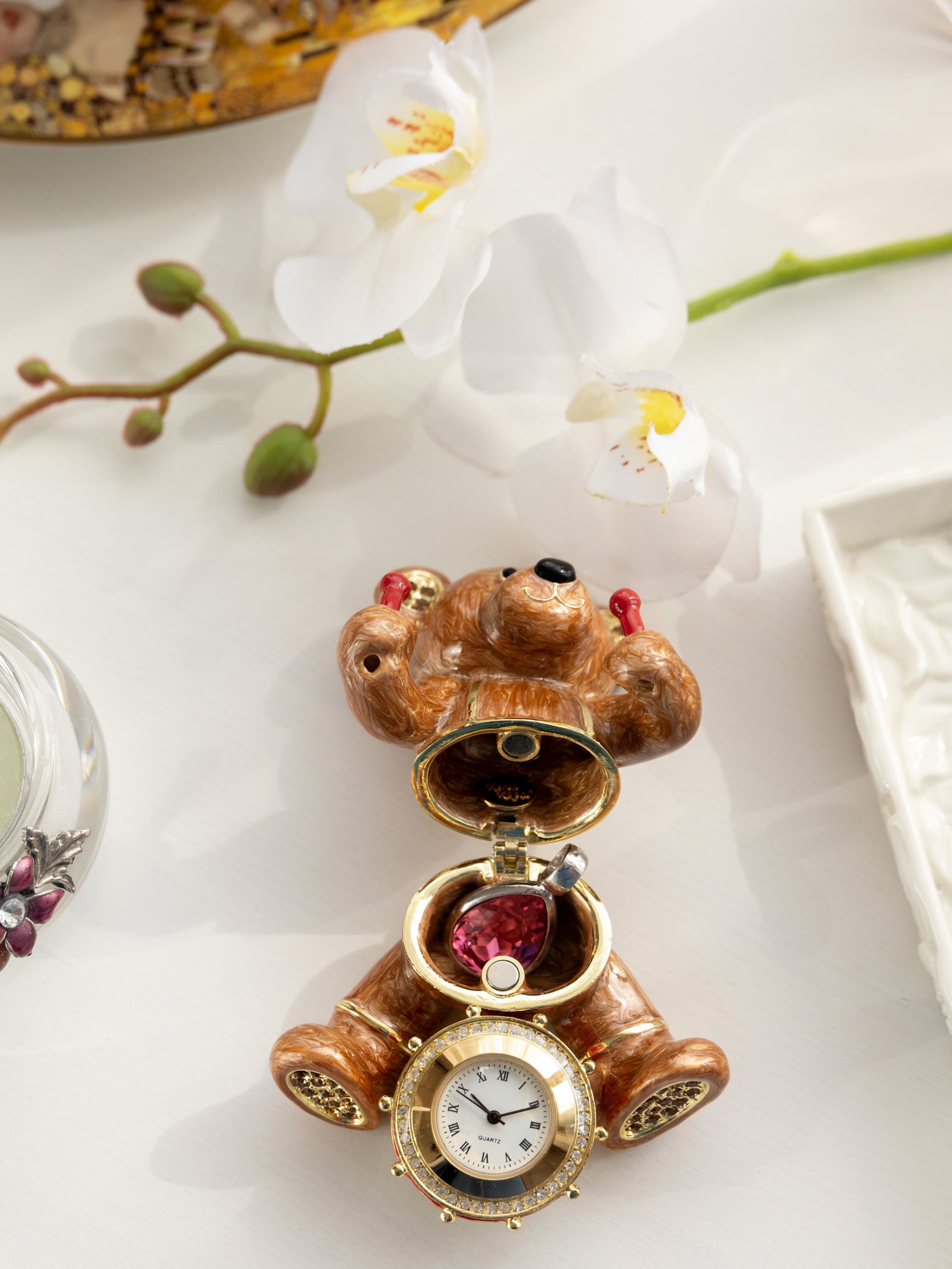 Brown Bear with Clock in a Drum