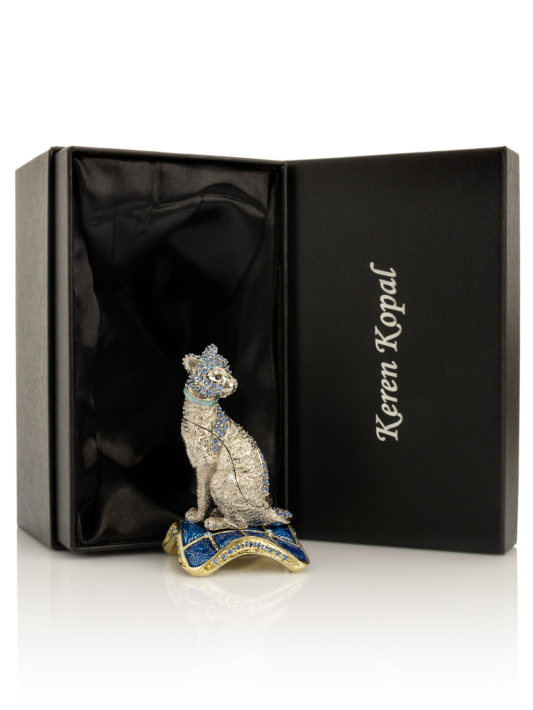 Keren Kopal Elegant Silver Cat Trinket Box with Blue Crystals