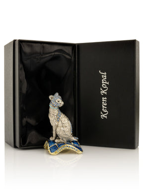 Keren Kopal Elegant Silver Cat Trinket Box with Blue Crystals