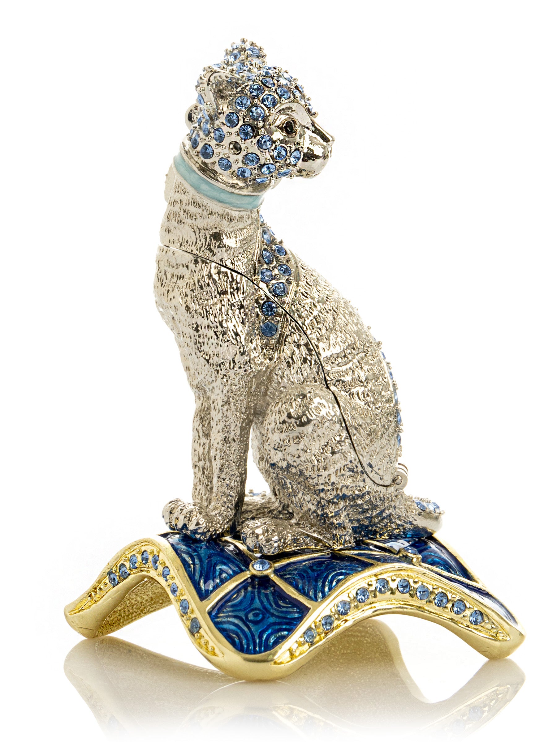 Keren Kopal Elegant Silver Cat Trinket Box with Blue Crystals