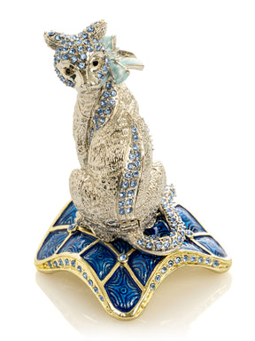 Keren Kopal Elegant Silver Cat Trinket Box with Blue Crystals