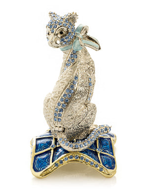 Keren Kopal Elegant Silver Cat Trinket Box with Blue Crystals