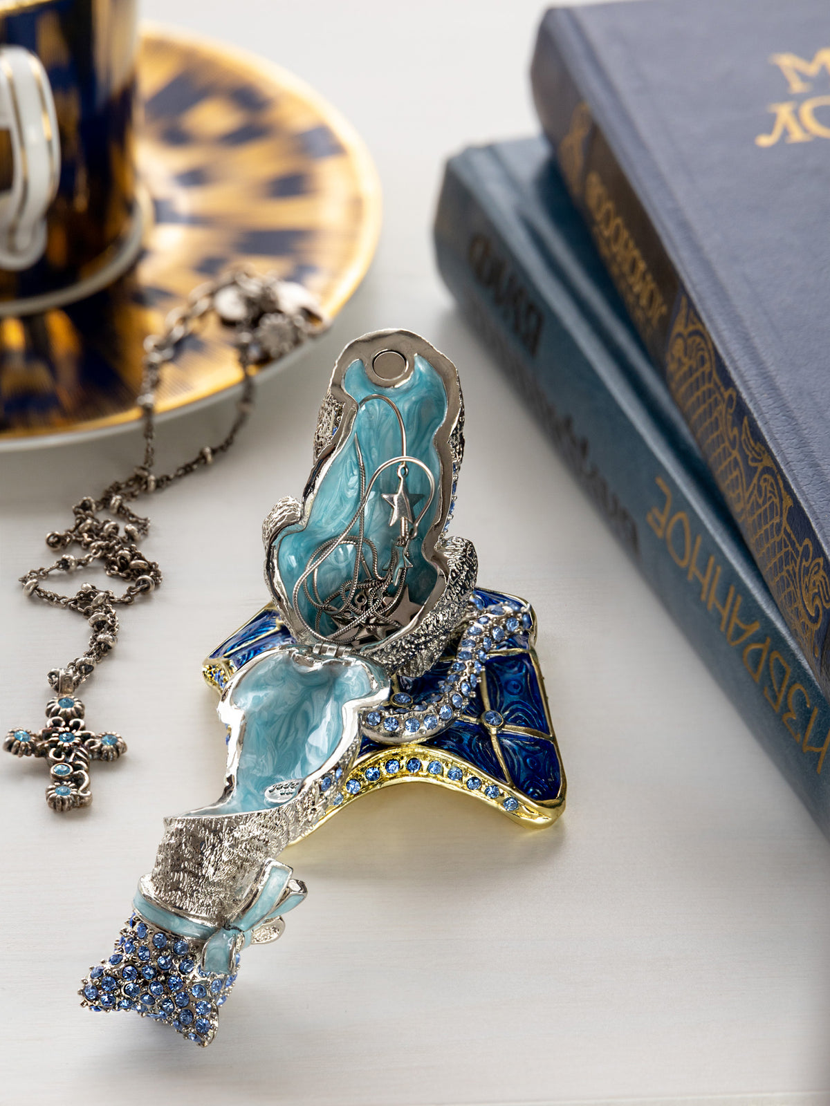 Keren Kopal Elegant Silver Cat Trinket Box with Blue Crystals